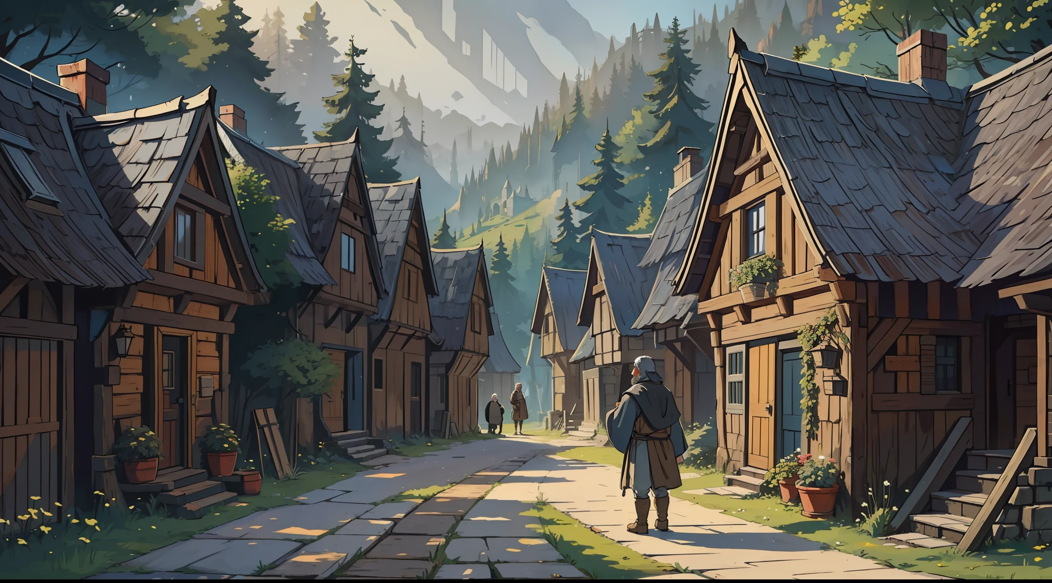 Create a poor and humble man with simple old clothes he is a commoner an npc for a medieval role-playing he is in a village in the middle of the forest a medieval village with simple and humble wooden houses a poor village dark and gray tones something dramatic in the middle of an impressive forest