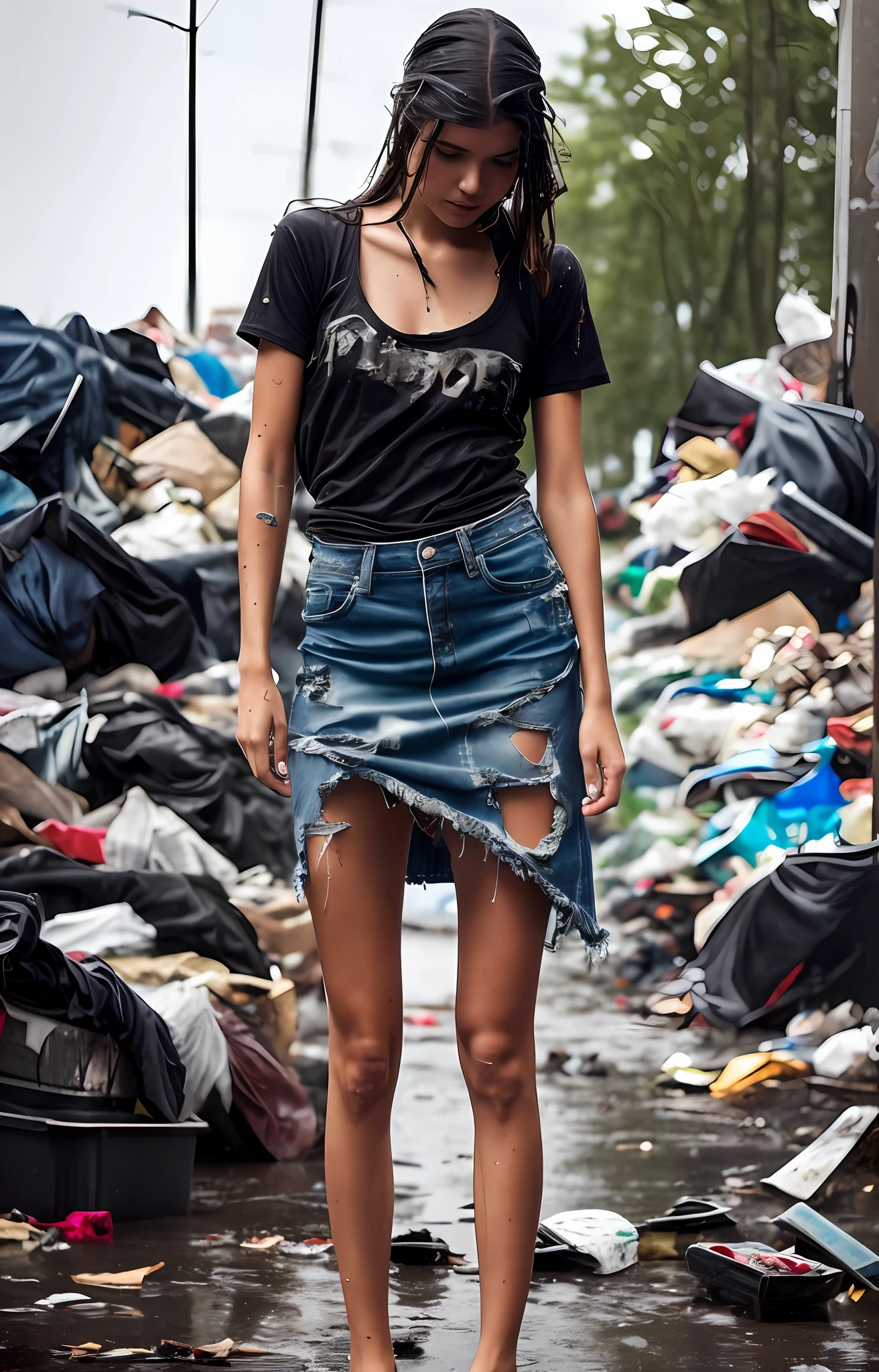 Torn Clothes: 1.5, Wet Clothes, Wet Hair, Outdoor Garbage Dump, A Sexy Young Girl, PBR Texture, Black Thin Short Sleeves, 3D, HDR (High Dynamic Range), Ray Tracing, NVIDIA RTX, Super-Resolution, Unreal 5, Subsurface Scatter, Long Legs, Pathetic, Ragged Clothes, Real Rain, 1 Girl, Barefoot, Miniskirt, Frustrated Eyes