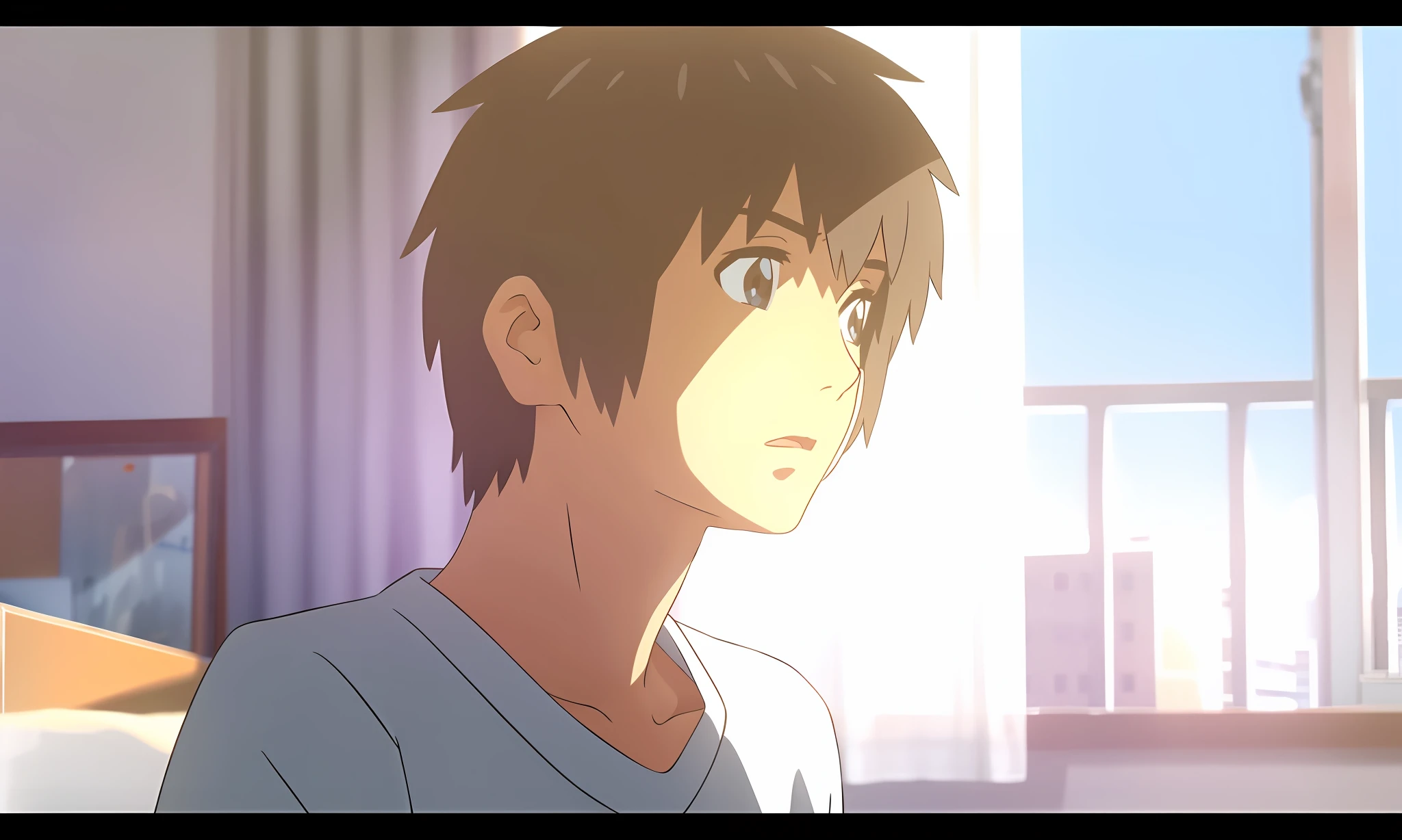 Masterpiece, best quality, and its detailed CG, sun sprinkler, black hair, white T-shirt, boy portrait, bedroom, 8K, realistic photos, surreal, detailed skin.