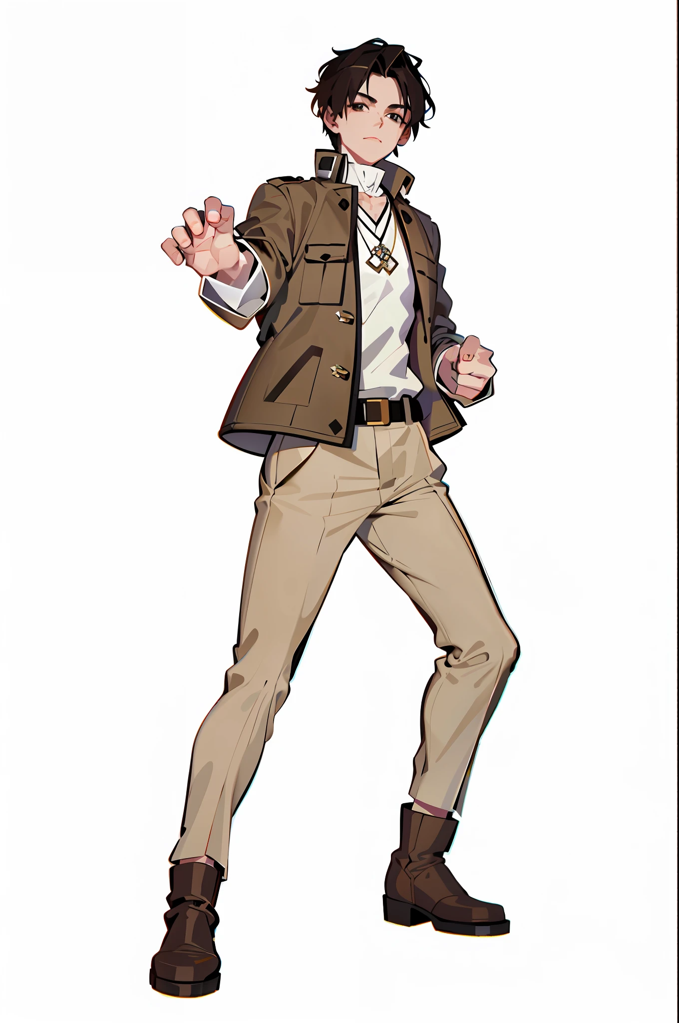 Masterpiece, best quality, handsome male face, black eyes, 1 male, white background, explorer costume, (medium distribution type_1.5), jade necklace, brown coat, beige trousers, boots, right hand open and stretched forward, left hand clenched fist