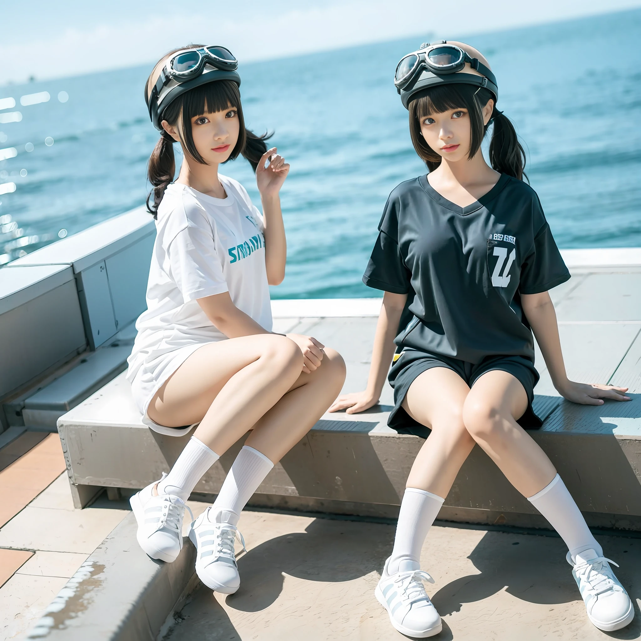 1girl, 3d, bangs, black_hair, blunt_bangs, blurry, blurry_background, blurry_foreground, bokeh, chromatic_aberration, depth_of_field, eyewear_on_head, figure, goggles, goggles_on_head, goggles_on_headwear, kneehighs, looking_at_viewer, motion_blur, photo_\(medium\), white_legwear, realistic, shoes, shorts, sitting, shoes, solo,horizon, ocean, outdoors, pool, poolside, railing,