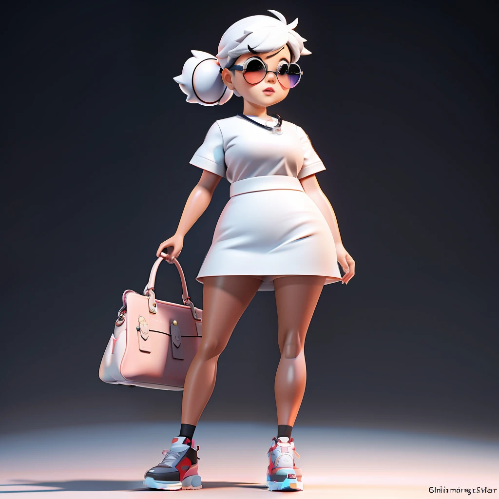 a close up of a cartoon character, Cute small humanoid Fashion HongKong old fat woman, doctor, 59-years-old, huge head, black straight short hair, beauty, wearing sun glasses,Wearing blank short T-shirt and white miniskirt , Wearing super high heels shoes, holding a hermes bag,Toy figures,(full body view), blank white backgroud, best quality, 3d cartoon,full body view, studio lighting,fantasy, dreamlike, surrealism, super cute, render of a cute 3d anime girl, cute 3 d render, 3 d render stylized, 3 d character, 3d character, 3 d character render, toon render keyshot, highly detailed character, cartoon character, cute cartoon character, female explorer mini cute girl, stylized 3d render,full body view, fantasy, dreamlike, surrealism, super cute,masterpiece,best quality, trending on artstation,cute 3 d render, 3 d render stylized, 3 d character, 3d character, 3 d character render, toon render keyshot, highly detailed character, cartoon character, cute cartoon character,