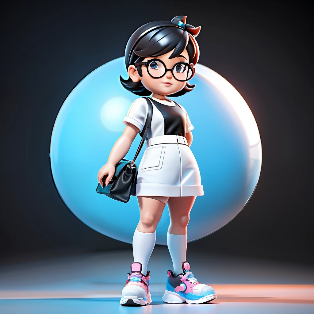 a close up of a cartoon character, Cute small humanoid Fashion HongKong old fat woman, doctor, 59-years-old, huge head, black straight short hair, beauty, wearing sun glasses,Wearing blank short T-shirt and white miniskirt , Wearing super high heels shoes, holding a hermes bag,Toy figures,(full body view), blank white backgroud, best quality, 3d cartoon,full body view, studio lighting,fantasy, dreamlike, surrealism, super cute, render of a cute 3d anime girl, cute 3 d render, 3 d render stylized, 3 d character, 3d character, 3 d character render, toon render keyshot, highly detailed character, cartoon character, cute cartoon character, female explorer mini cute girl, stylized 3d render,full body view, fantasy, dreamlike, surrealism, super cute,masterpiece,best quality, trending on artstation,cute 3 d render, 3 d render stylized, 3 d character, 3d character, 3 d character render, toon render keyshot, highly detailed character, cartoon character, cute cartoon character,