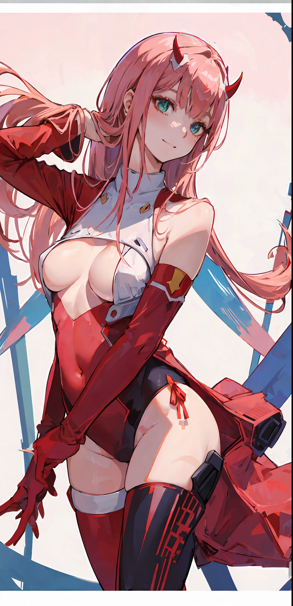 zero two \(darling in the franxx\), darling in the franxx, 1girl, bangs, biting, blush, covered navel, eyeshadow, green eyes, hair behind head, horns, smile, long hair, looking at viewer, makeup, small breasts, pilot suit, red suit, pink hair, red eyeshadow, science fiction, skin tight, solo