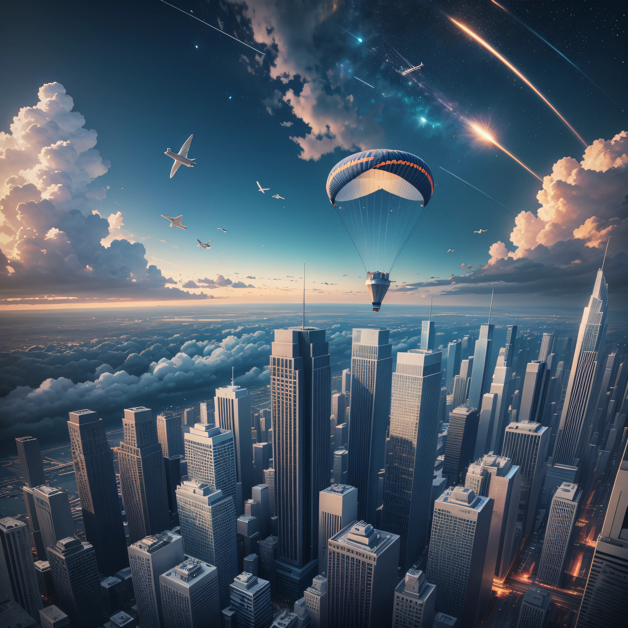 Ultra realistic image, with frontal view, high view of a building, various birds, planes, people parachuting, meteor shower, three-dimensional image, ultra realistic, fine details of setting, Hollyood fime style framing, realistic colors, realistic lighting full of details, charged clouds. --auto --s2