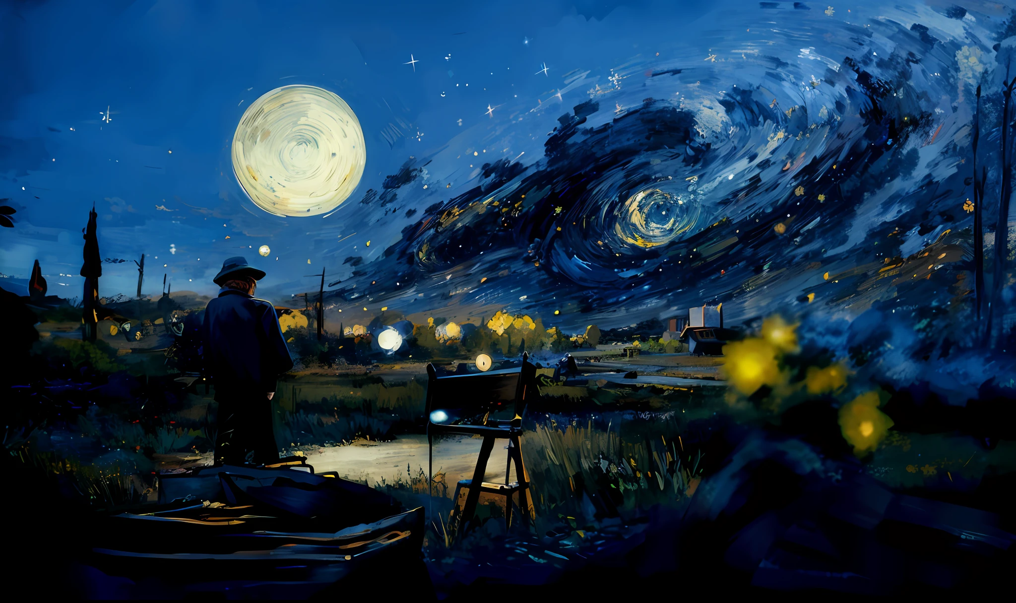 starry night scene with a man standing in a field, van gogh style, in style of van gogh, van gogh art style, inspired by Vincent Lefevre, vincent van gogh style, in the starry night, van gogh painting, 4k highly detailed digital art, style of van gogh, inspired by Van Gogh, vincent van gogh!!!, starry night, detailed painting 4 k