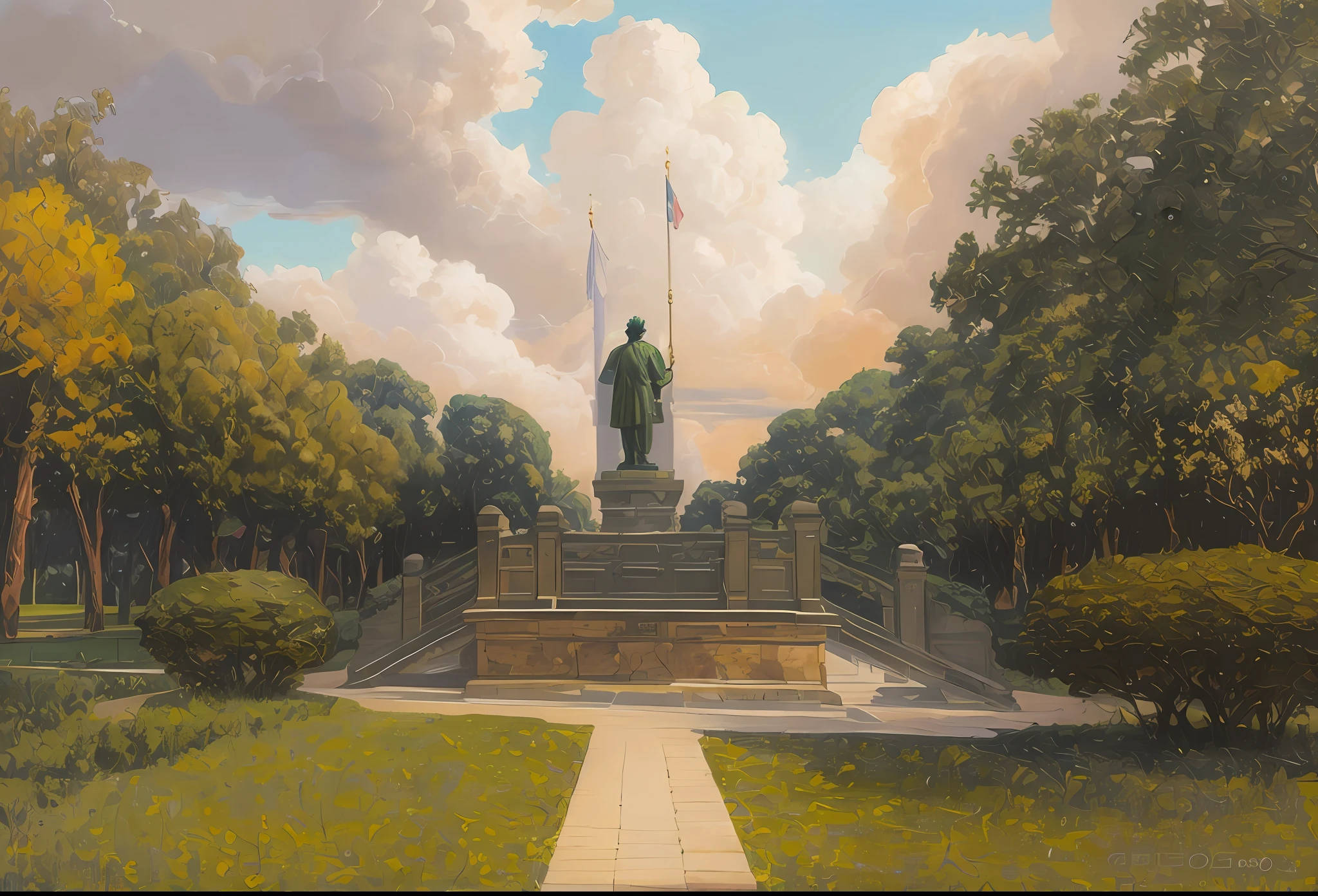Realistic, realistic, beautiful and amazing landscapes oil painting Ghibli Studio Miyazaki's magnificent hero large bronze statue, parks and monuments in a historic city, magnificent clouds, beautiful trees --v6