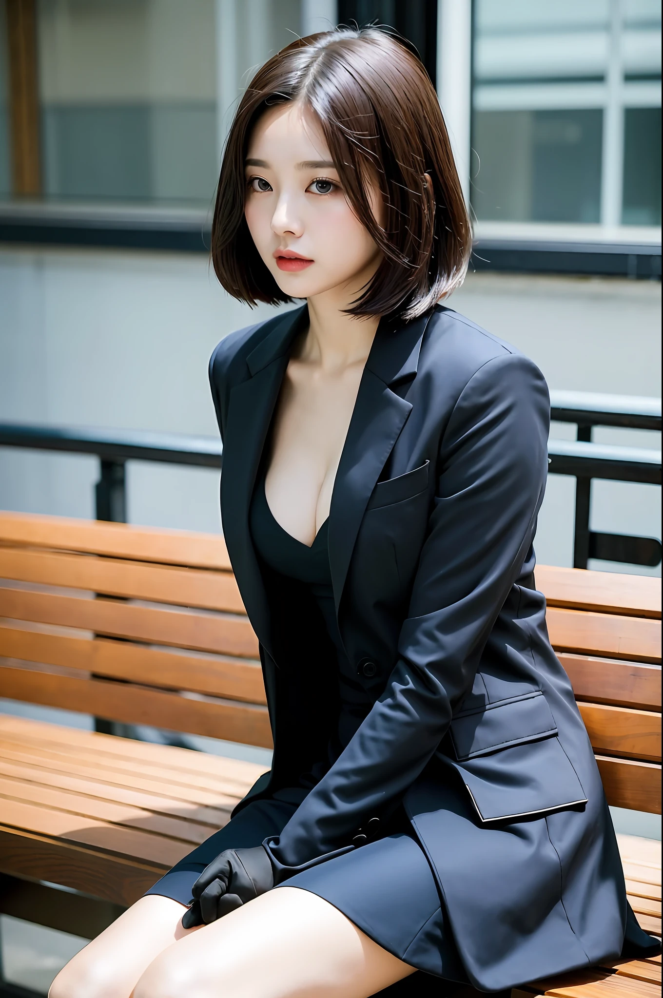 Asian woman sitting on bench in skirt and jacket, Japanese goddess, generous open jacket, wearing strict suit, gorgeous young korean woman, Japanese girl, wearing strict suit, wearing tight suit, dressed decently, beautiful Korean woman, wearing strict suit, gorgeous Japanese model, big breasts
