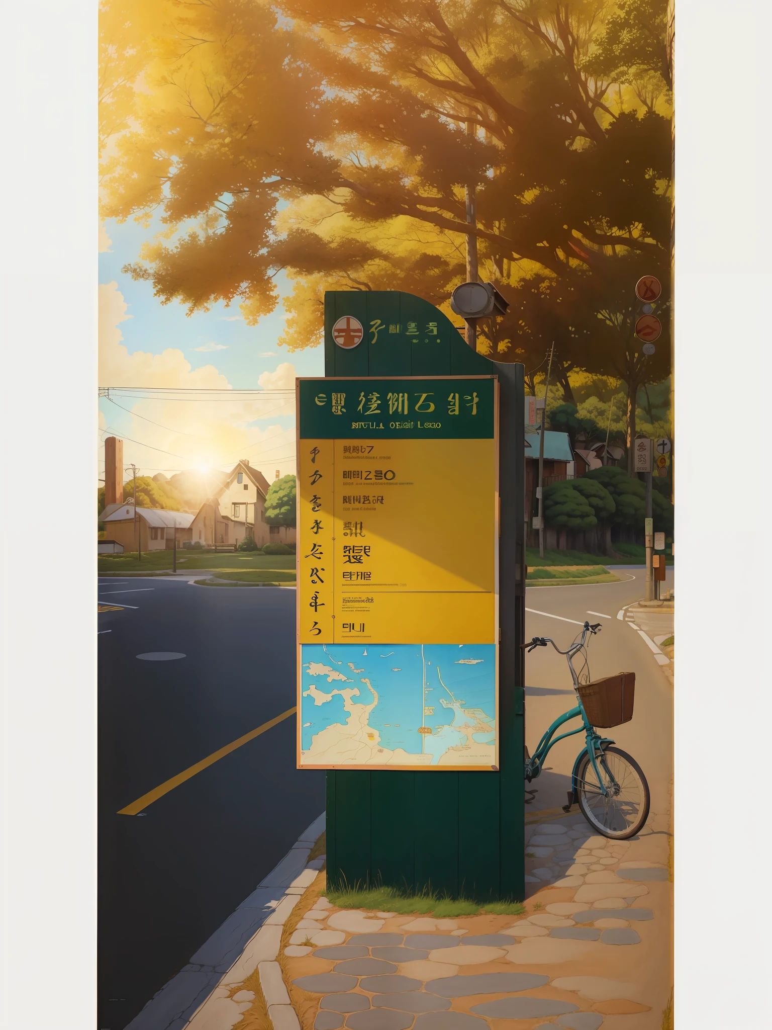 Real, real, beautiful and amazing landscape oil painting Ghibli Studio Miyazaki roadside sign, street print poster, warm sunshine, poster, outdoors, by lee jae, sunny, handmade, map --v6