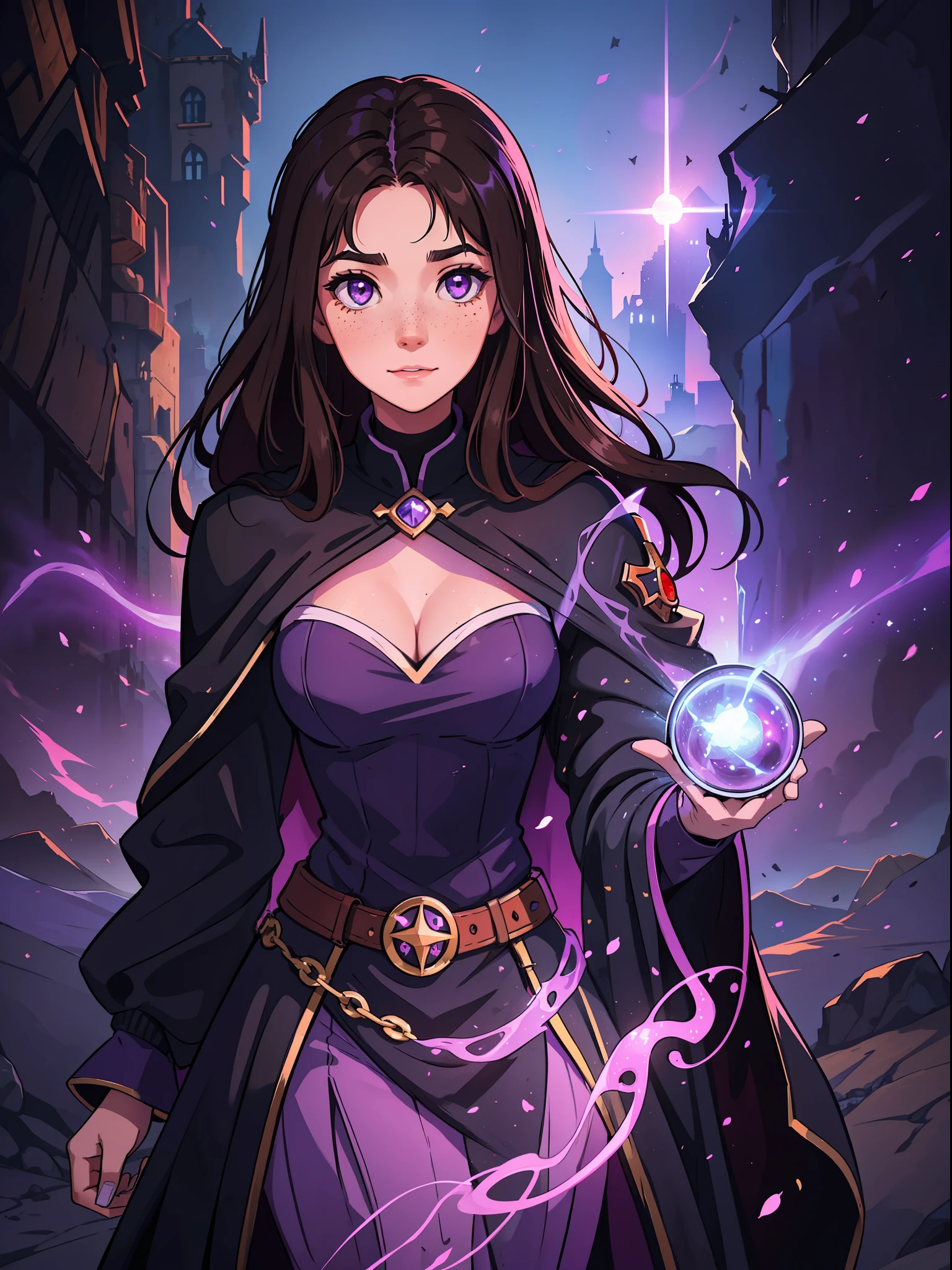 a young age woman with dark brown hair and purple purple eyes she has some freckles and a determined look a sweet smile on her face she is a sorceress a magician wearing powerful magic robes for a medieval RPG, the background filled with magic and magical lights contour lights and cinematic lights in a fortress in the mountains, She is conjuring magic magical power, this woman must be in a city surrounded by volcanoes a dark medieval city with black colors and magma through the streets like a city in the underworld of Hades