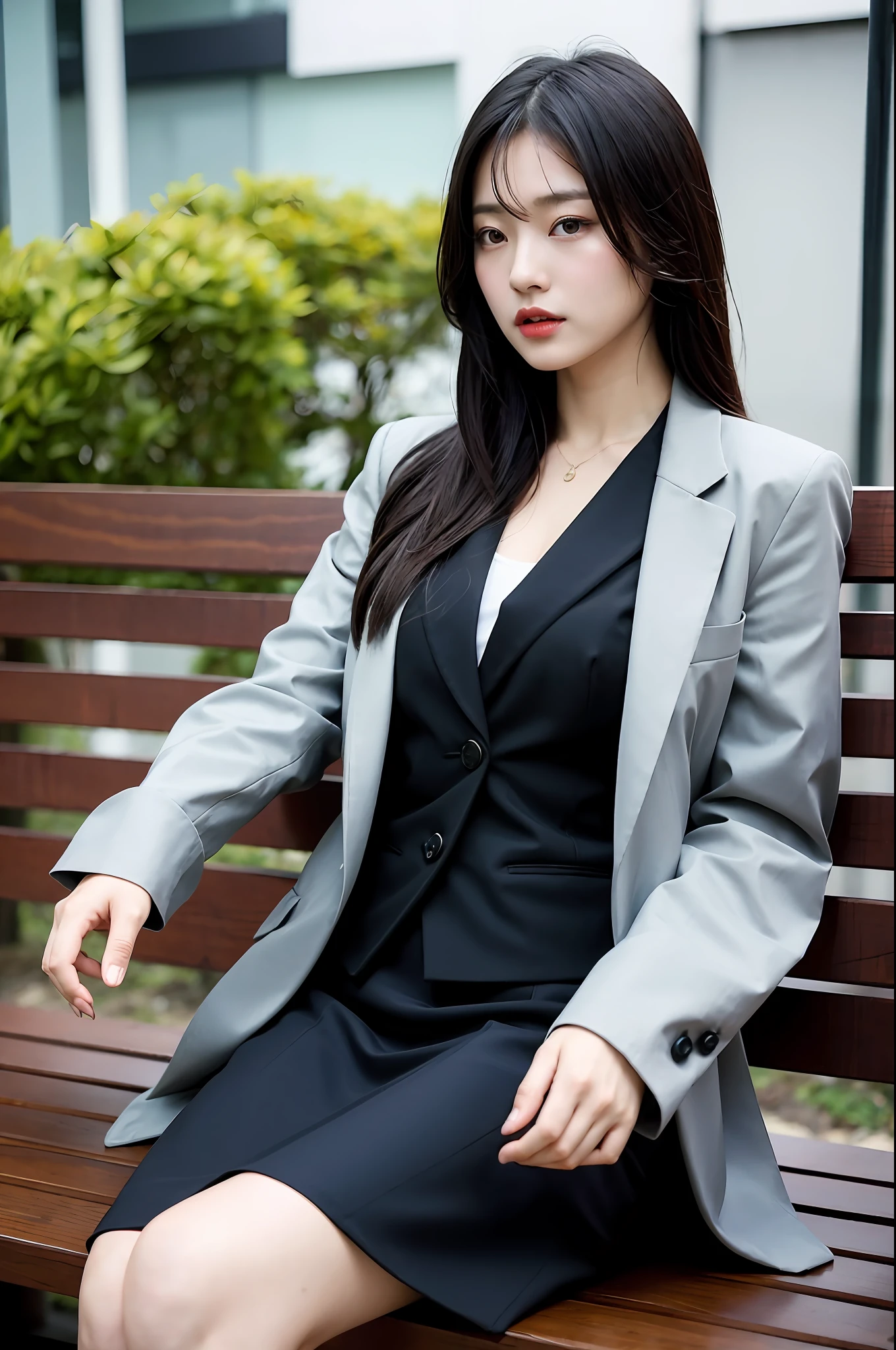 Asian woman sitting on bench in skirt and jacket, Japanese goddess, generous open jacket, wearing strict suit, gorgeous young korean woman, Japanese girl, wearing strict suit, wearing tight suit, dressed decently, beautiful Korean woman, wearing strict suit, gorgeous Japanese model, big breasts