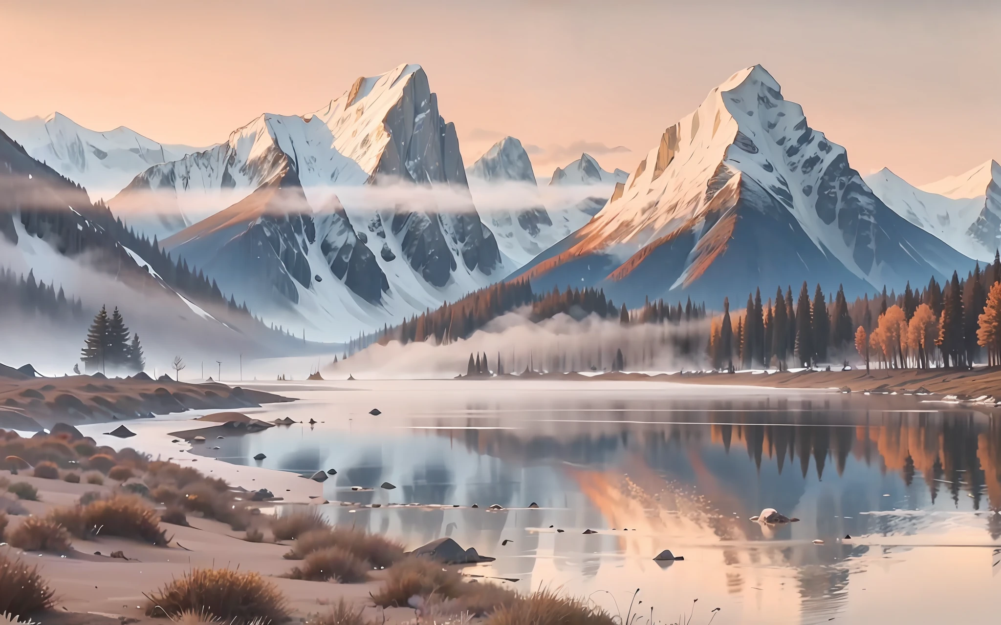 This is a beautiful computer wallpaper that shows the enchanting scenery. The picture shows a tranquil lake, the water of which is calm and crystal clear like a mirror. The emerald green meadows by the lake are dotted with gorgeous flowers, and colorful flowers sway in the breeze, giving off a charming fragrance. On the other side of the lake is a spectacular mountain range with towering peaks and mist enveloping the peaks. The steep and majestic mountains act as a barrier to protect the tranquility of the lake. The contours of the mountains are smooth, and the snow on the top of the mountains shimmers silvery white in the sunlight, giving it a sacred and majestic feeling. The sky is blue without a hint of clouds. The sun is rising behind the mountains, shooting a warm glow that illuminates the entire landscape. There is still a faint orange-red glow in the distant sky, as if it still tells the beauty of the dawn. The whole picture conveys tranquility, mystery and natural beauty. This computer wallpaper makes people feel relaxed and peaceful, every time you turn on the computer, it is like entering a perfect world that has nothing to do with earthly troubles, realistic style, master works, 16K, super high resolution.