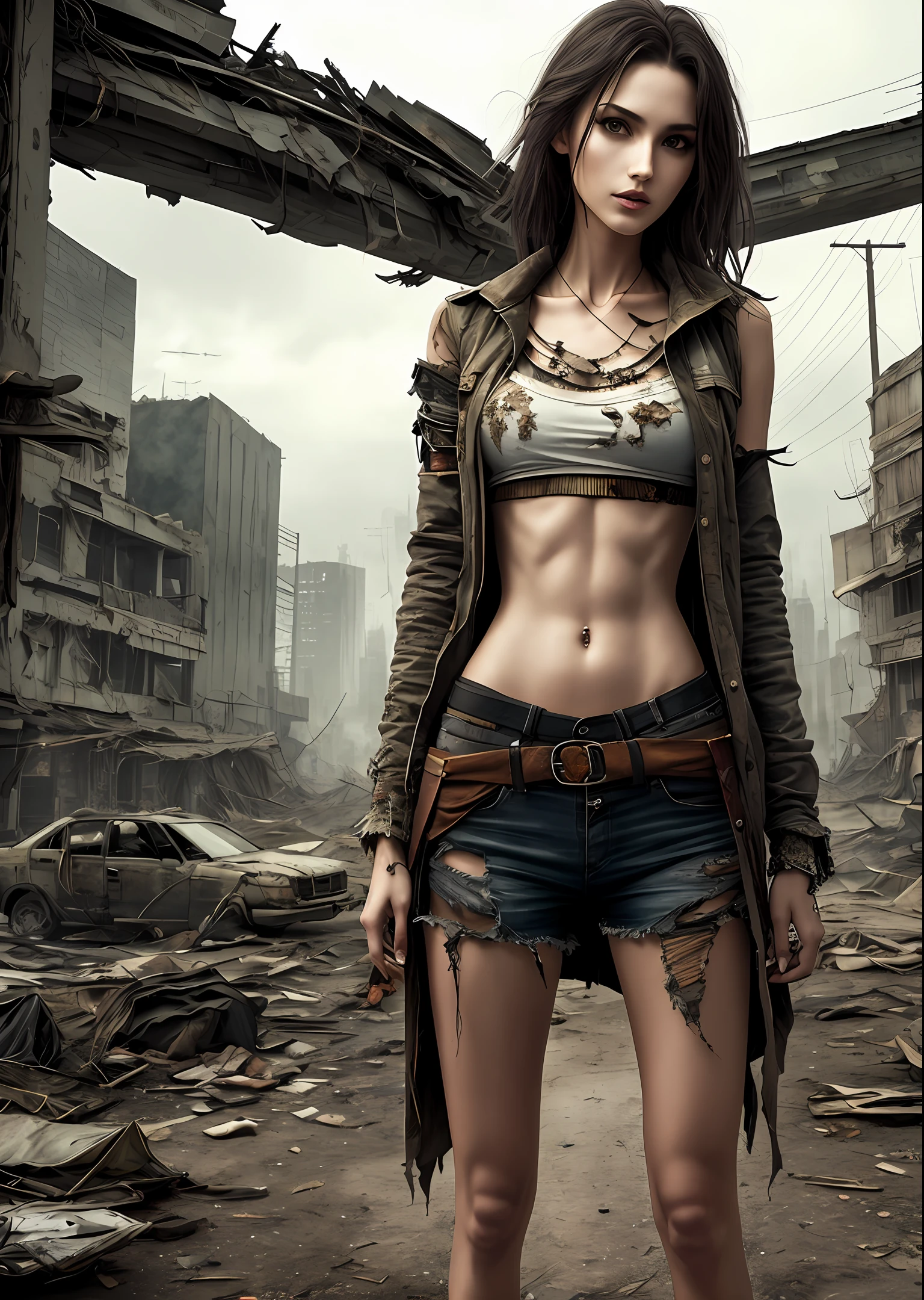 Beautiful slender woman wearing tattered clothes and showing midriff in the midst of a post-apocalyptic scenery, dark fantasy, very detailed
