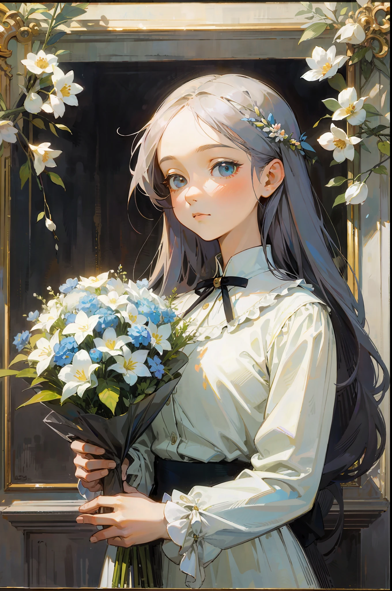 Top quality, woman giving bouquet of flowers, pastel, soft atmosphere, staring at us, Dali