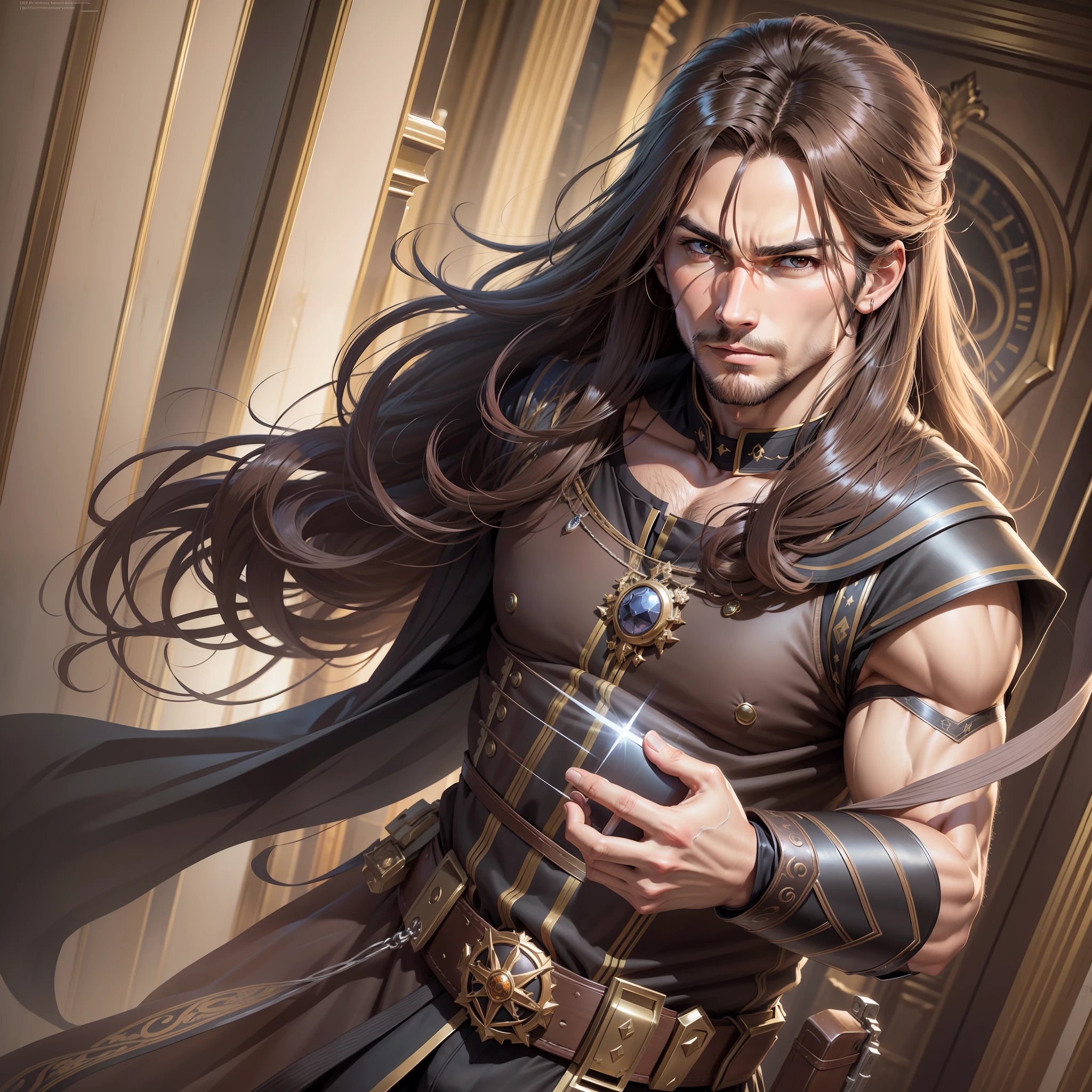 Realistic image of a handsome, strong man, long brown hair, brown eyes, dressed in simple black costumes with no alchemist style details, anime character style art, running in a hallway of a royal palace, determined expression