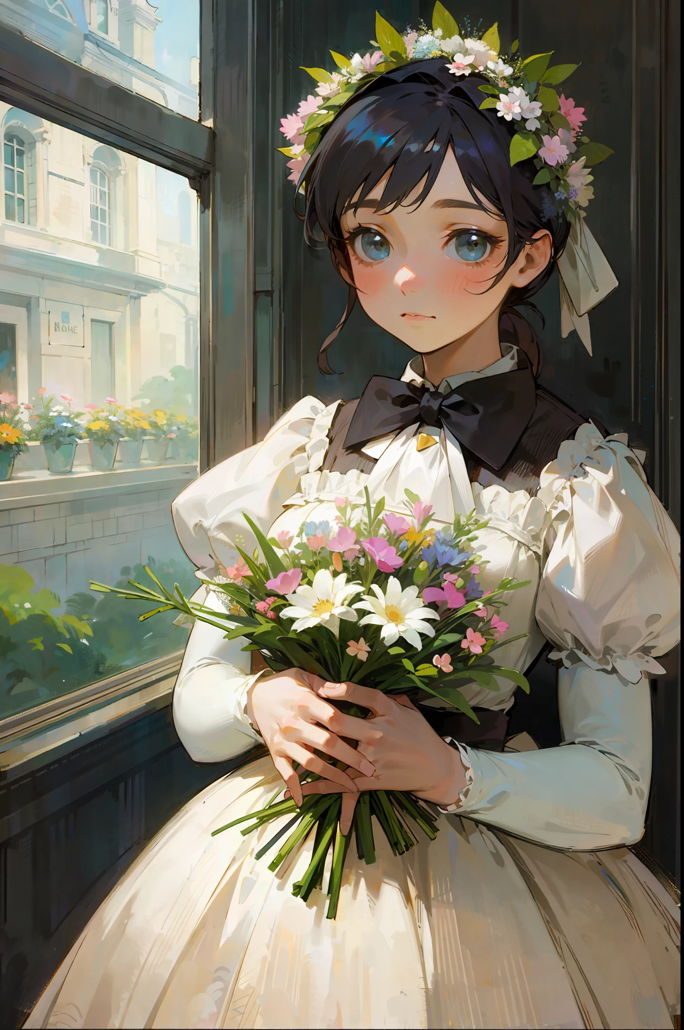 Top quality, woman giving bouquet of flowers, pastel, soft atmosphere, staring at us, Degas