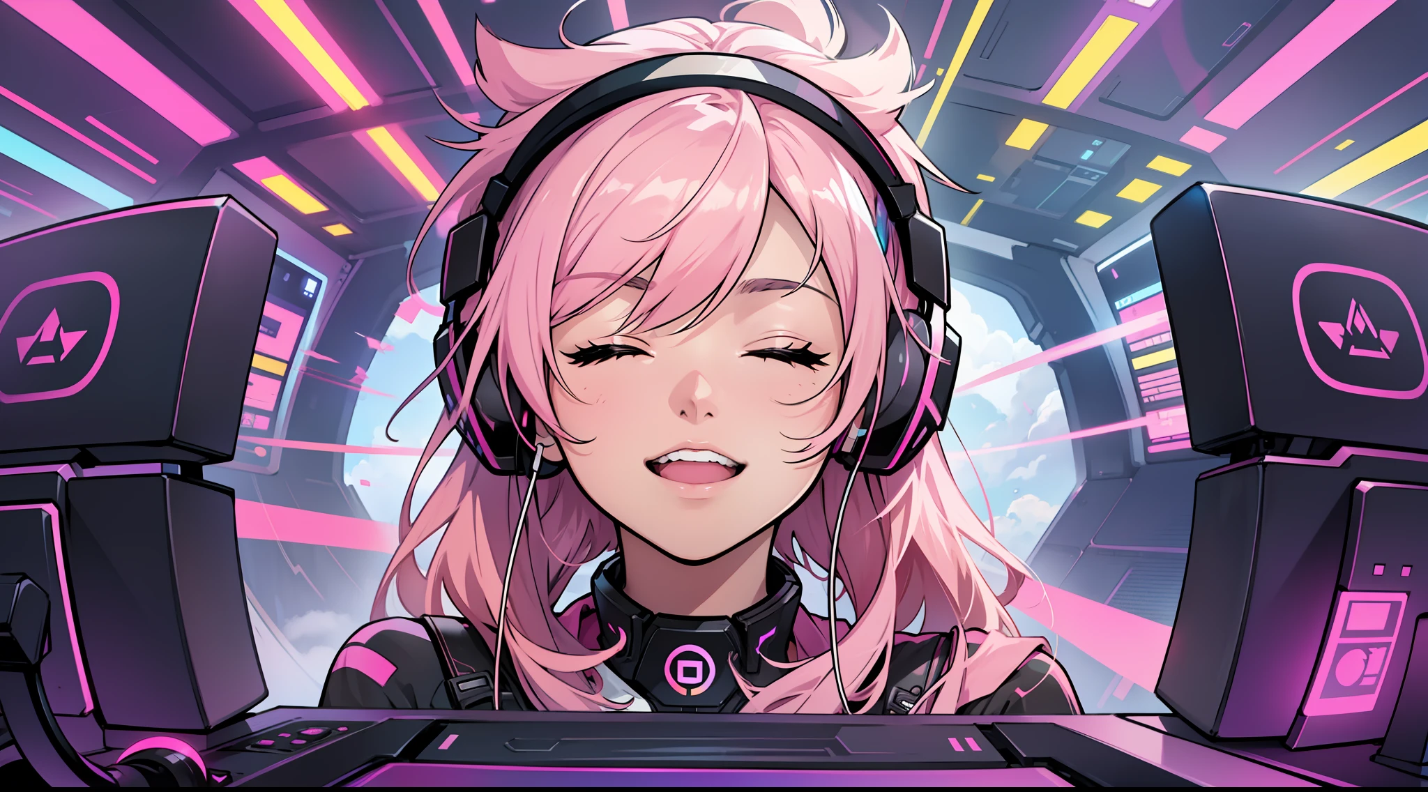 Woman with peace sense headset, closed eyes, beautiful face, RGB colors, anime pink hair, banner for youtube video, happy girl, clouds with RGB colors., bright RGB colors.