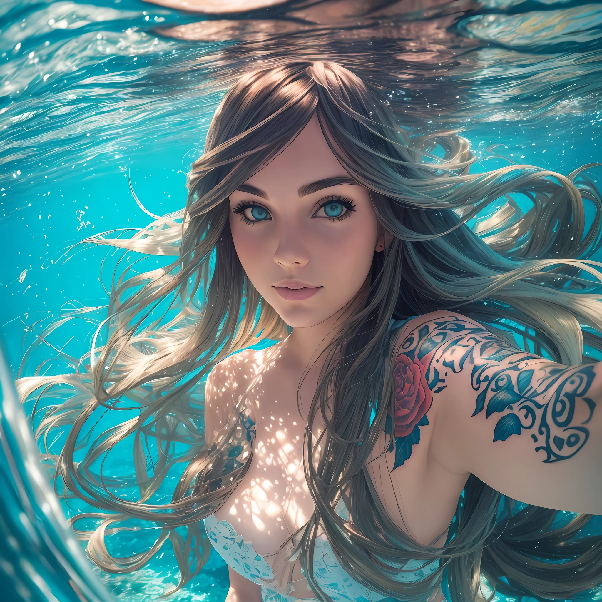a very beautiful tattooed long haired girl selfie with under water photo taken with GoPro Hero 3