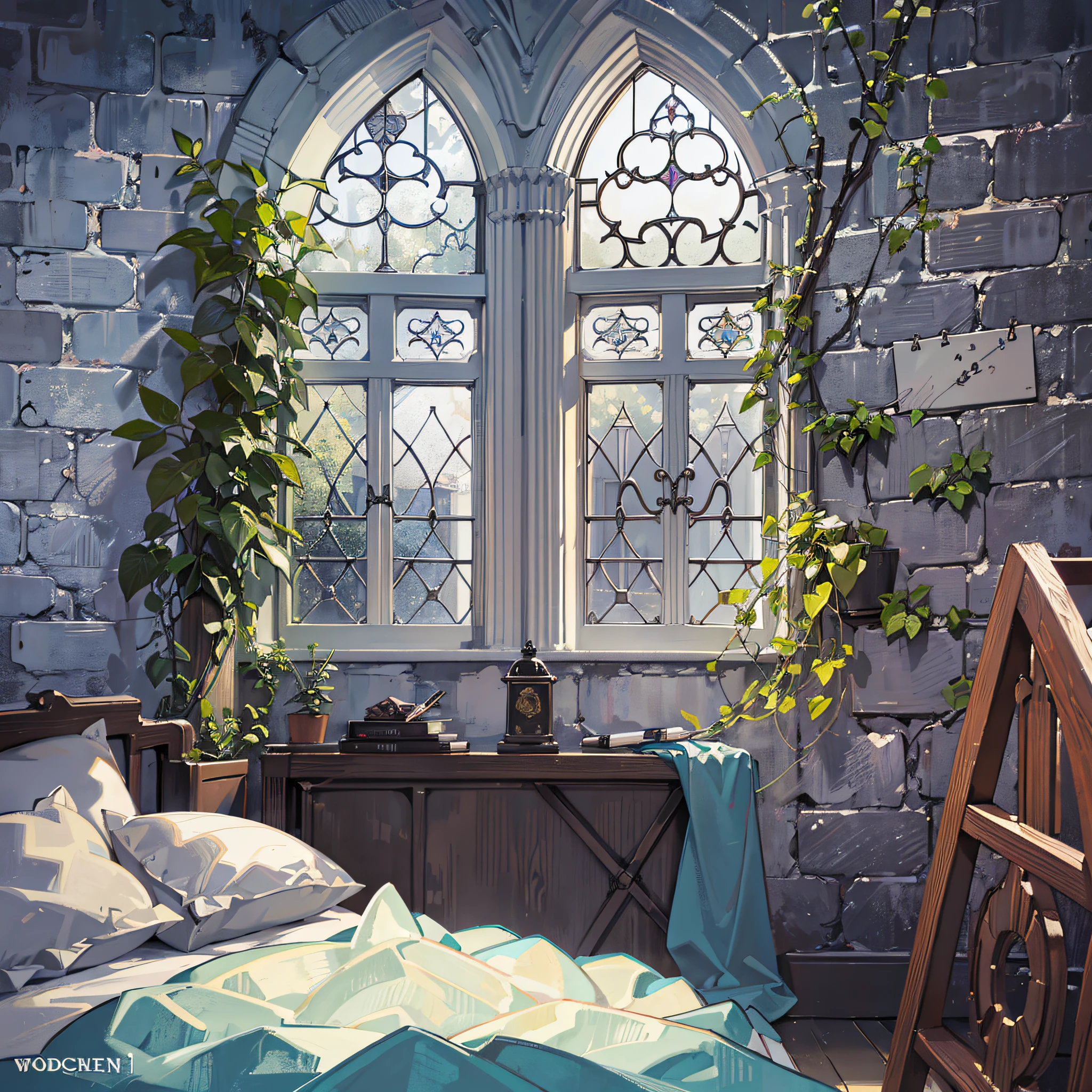 small room, Gothic architecture, gray brick wall, Tyndall effect, double bed, white blanket, small wooden table, notebook and pen, fantasy movie, circular window, window outside is spring garden --auto --s2