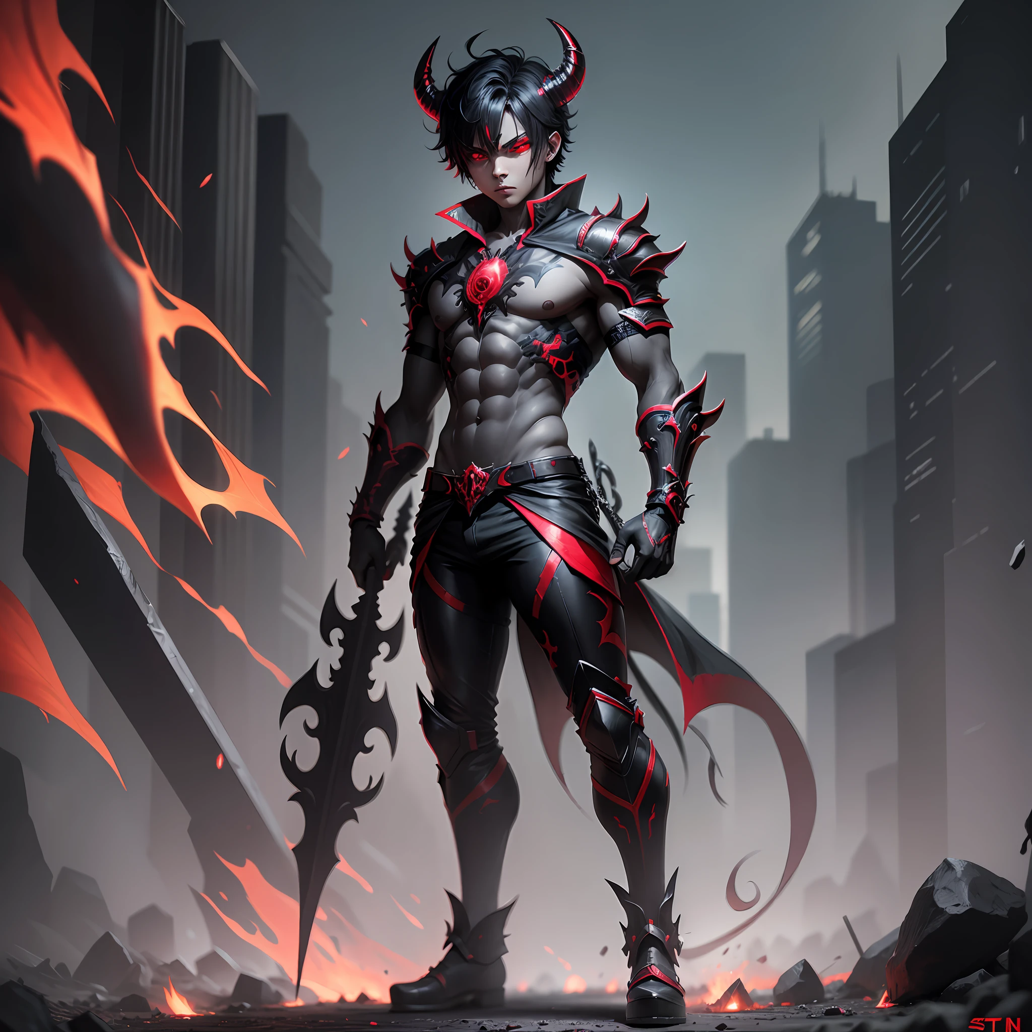 boy black demon with red eyes, full body --auto --s2