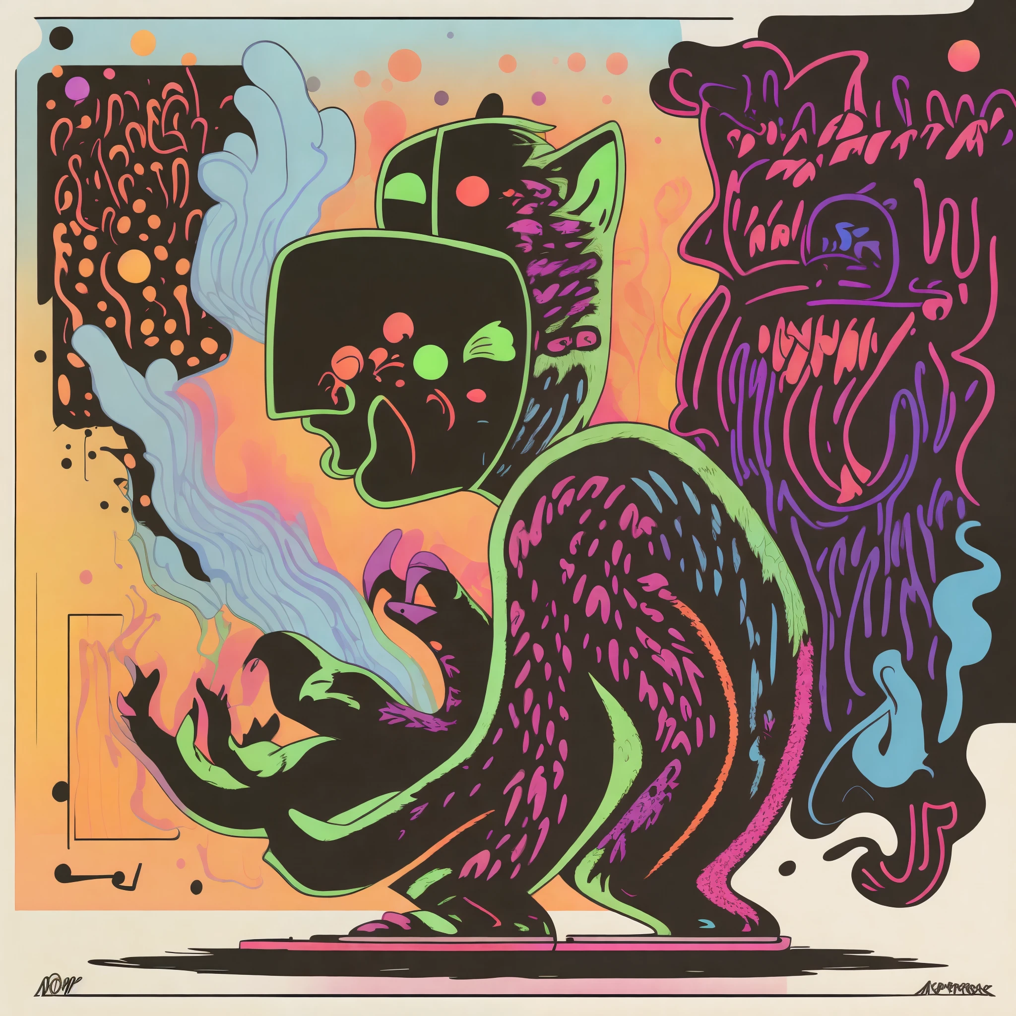 a drawing of a antropomorphic cat, with a joint in his hand, neon colors, glowing, vector lines, graffiti in the background