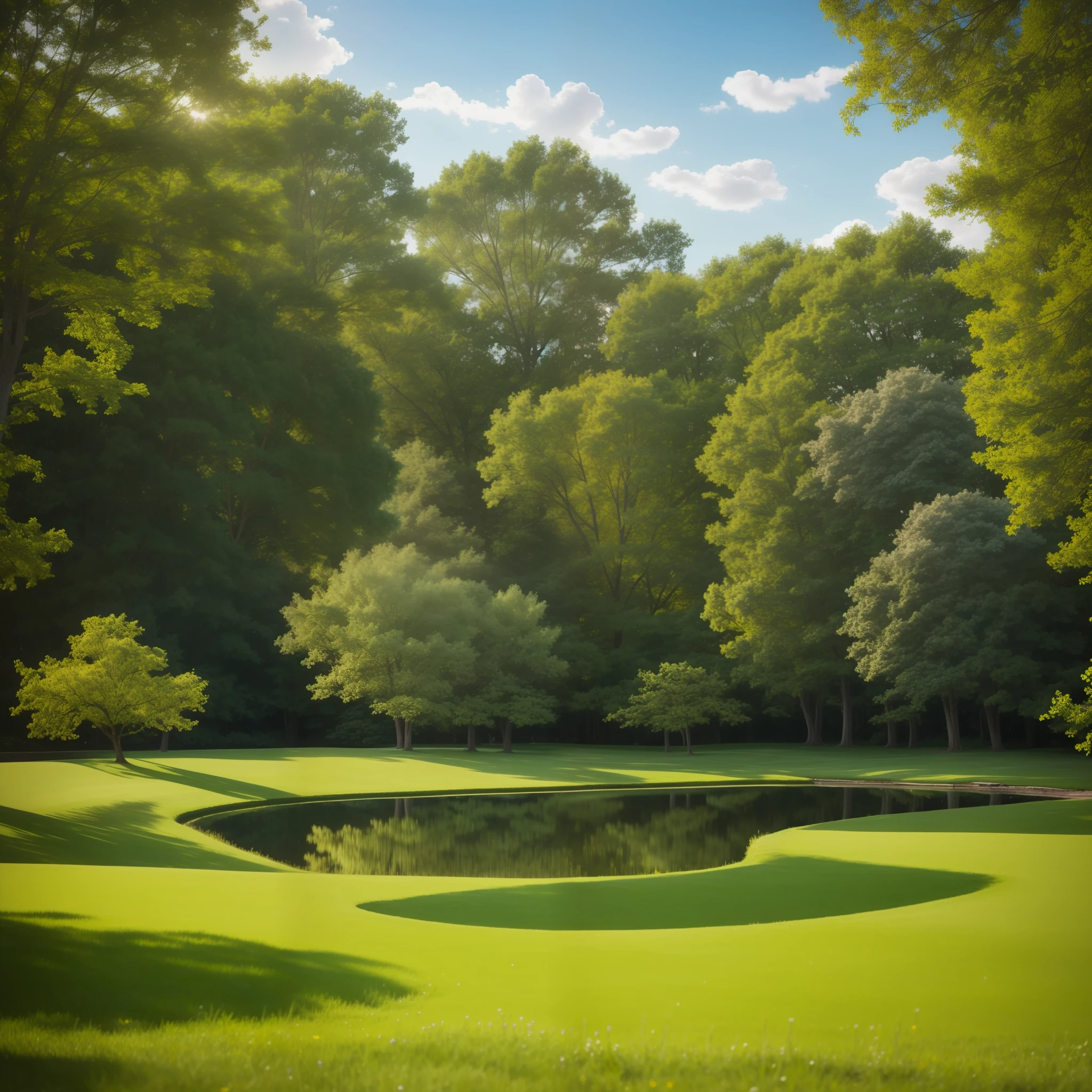 Top 10 most popular parks, blue sky and white clouds, lawn, reflective water, trees, shrubs, forest, perfect light, bright sunlight, natural shrubs, natural rocks, high detail, 8k, ultra detail, realistic photos, best quality, UHD, masterpiece, super detail, high detail, high quality, high quality, award-winning, best quality, high resolution, tranquil idyllic scenery, light green, large yard garden with lots of lush grass, rustic style, 32K UHD, photo taken by Nikon D750, Pentax 645N, Ferrania P30, Sony FE 12-24mm f/2.8 gm, photo realism, tranquility, vintage charm, photo shooting, photo photorealistic, 8K