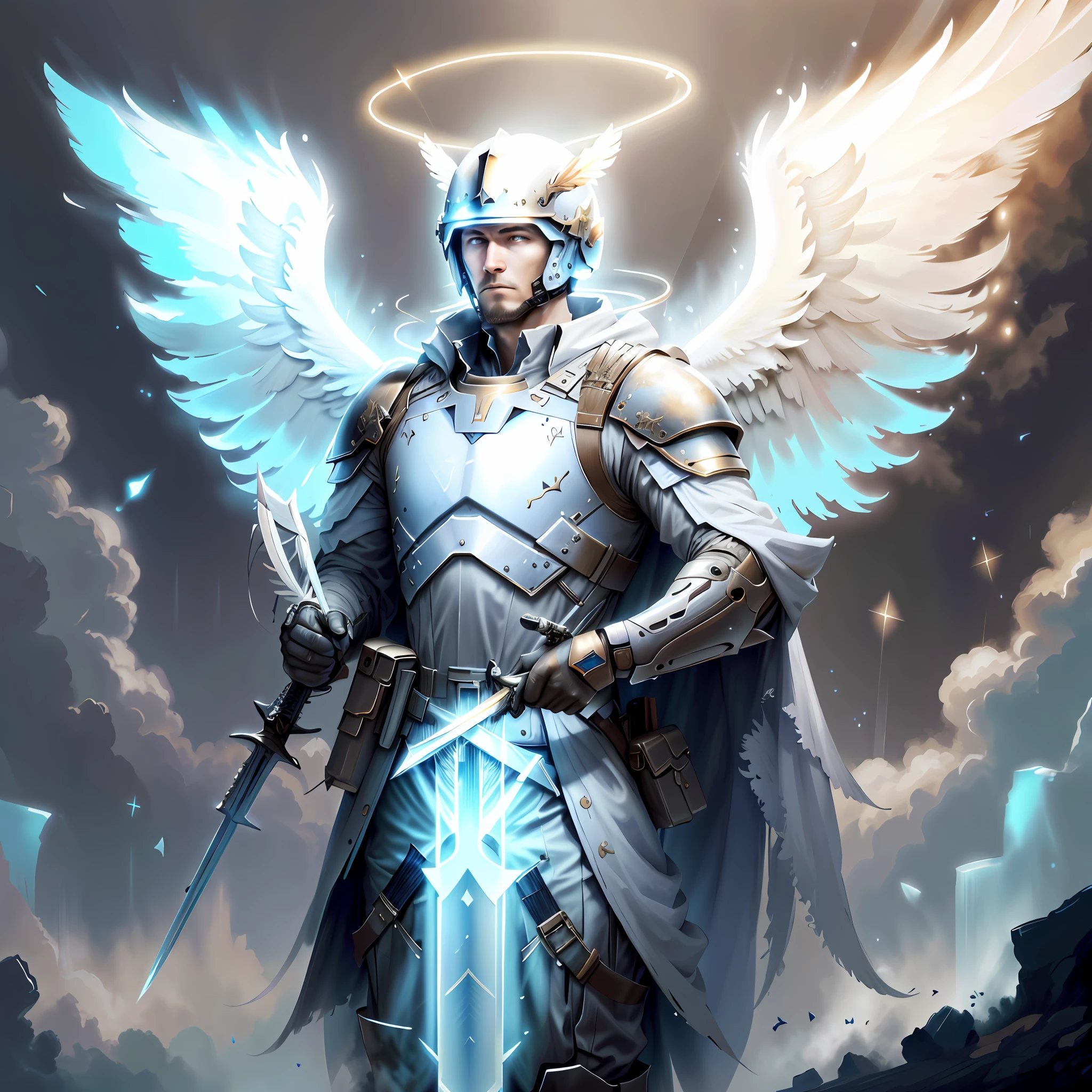 Angelic
soldier, quadruple wings, sword wielded, realistic aspect, opening up a space-time, and the helmet of darker tone, more mature face and without strabismus, and nervous face, delivering blows, and signaling something with the other hand and arm extended, full body.