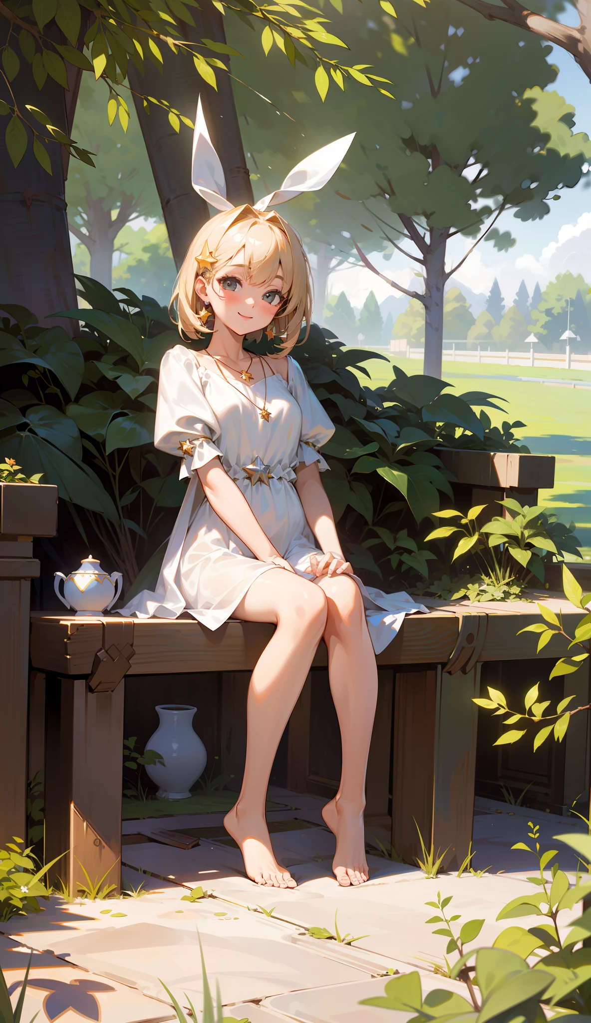 (slip dress), barefoot, superlative, masterpiece, high resolution, 1girl, blush, (seductive smile: 0.8), star pupil, perfect figure, seductive anime girl, hair accessories, necklace, jewelry, beauty, on_body, tyndall effect, realistic, shadow room, light edge, two-tone lighting, (high detail skin: 1.2), 8k uhd, SLR, soft light, high quality, volumetric lighting, candid shot, photo, high resolution, 4k, 8k, clear background