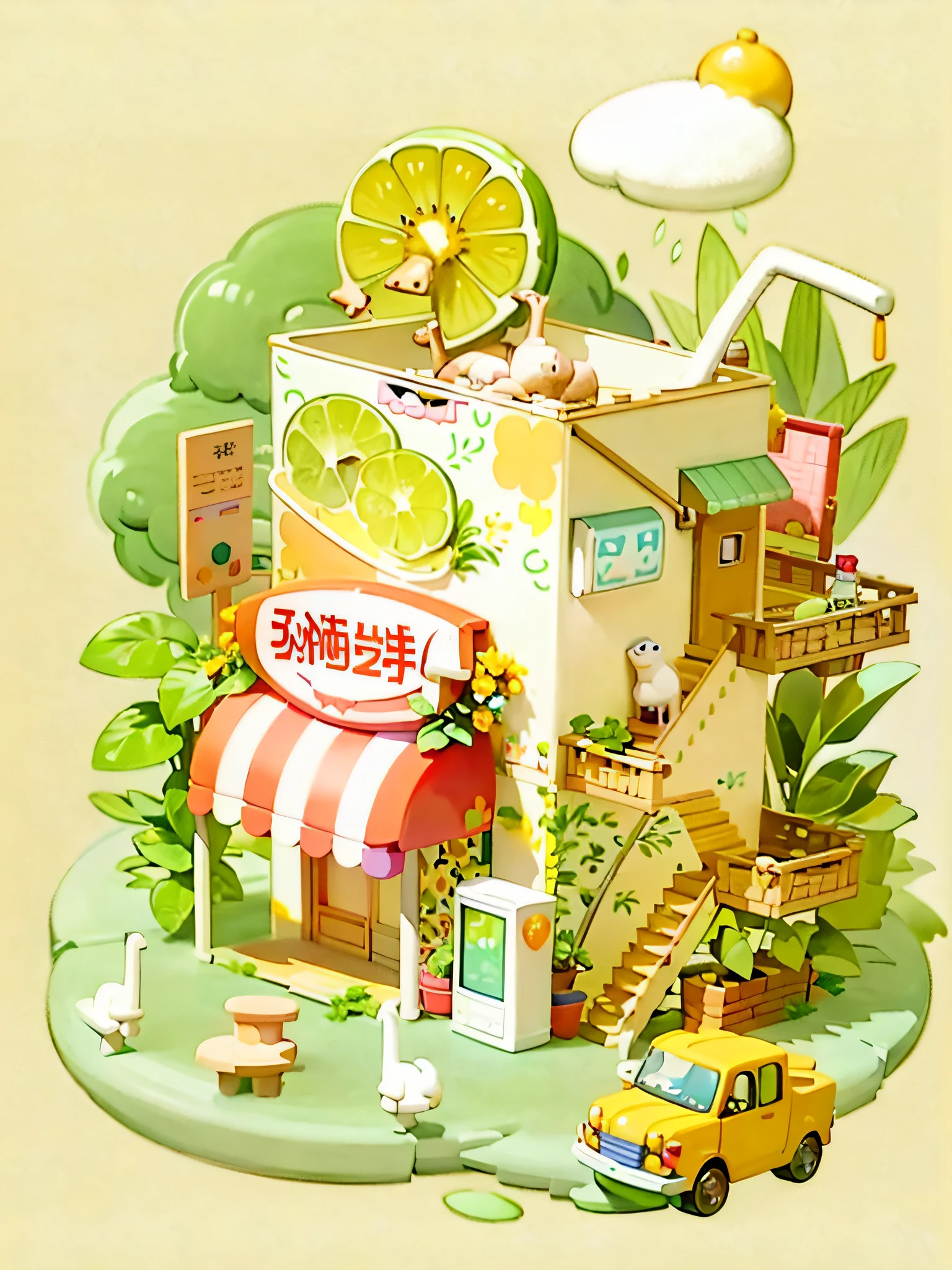 Masterpiece, best quality, cartoon, 3D, illustration of a cat on it, small shop of a building and car with the exterior of lemon yogurt pack, three-story with roof, cute detailed digital art, inspired by Yanagawa Shinda, cute illustration, isometric illustration fun, isometric game art, isometric 2D game art, isometric illustration, detailed game art, isometric art, detailed 2D illustration, pixel art isometric drawing,