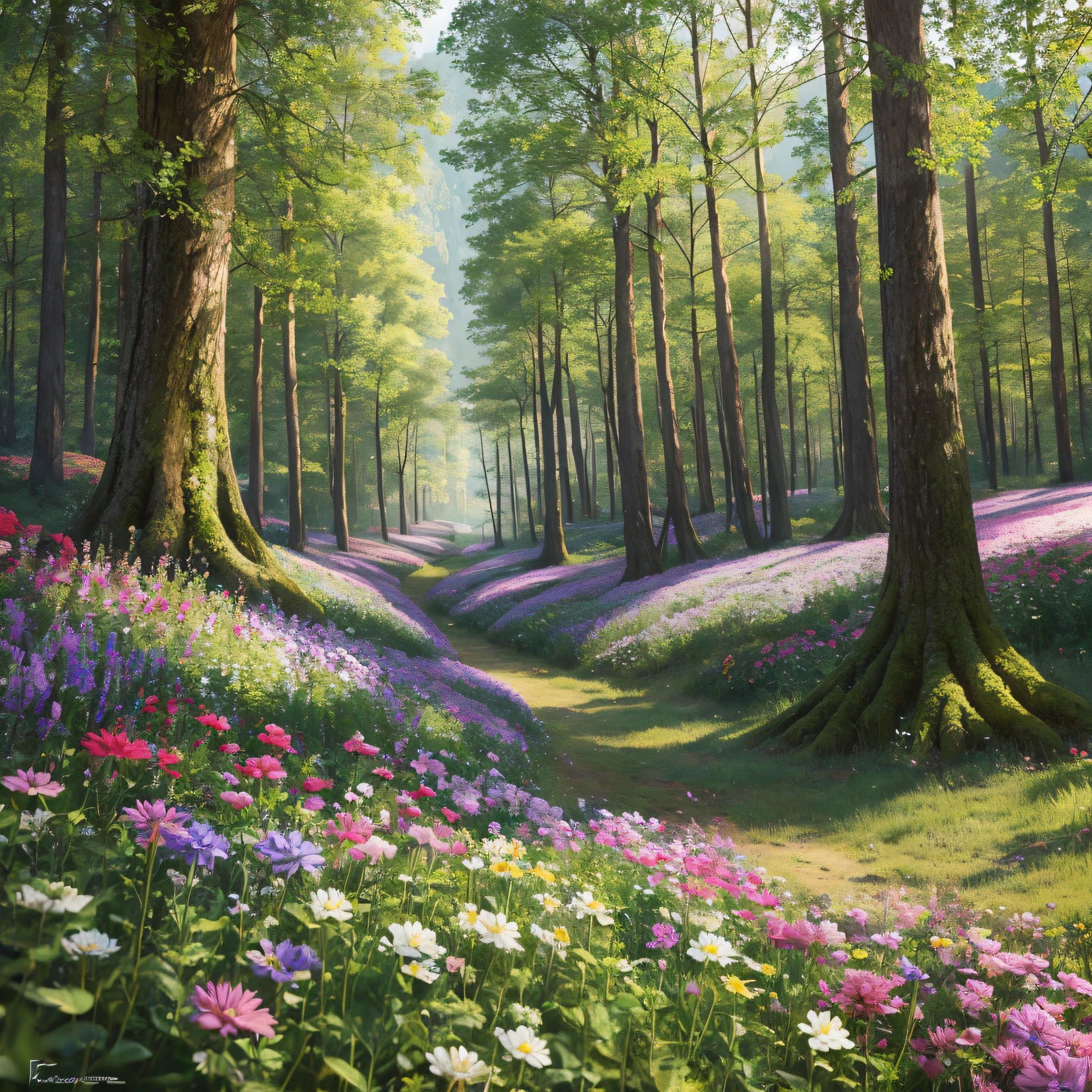 beautiful nature landscape, hyper realistic, flowers, forest