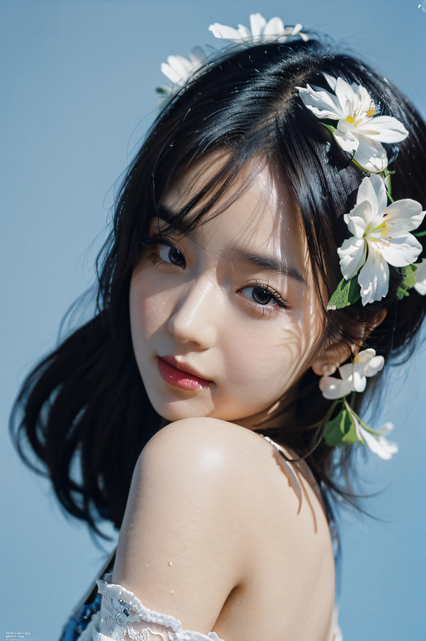 Best Quality, Masterpiece, Ultra High Resolution, (Realistic: 1.4), Original Photo, Official Art, Wallpaper, Bust Photo, Solo, Skin, Black Eyes, Detail, 1 Girl, Beautiful Facial Features, Breeze, Studio, Happy, (Pure blue background), Studio light, Make up Portrait,