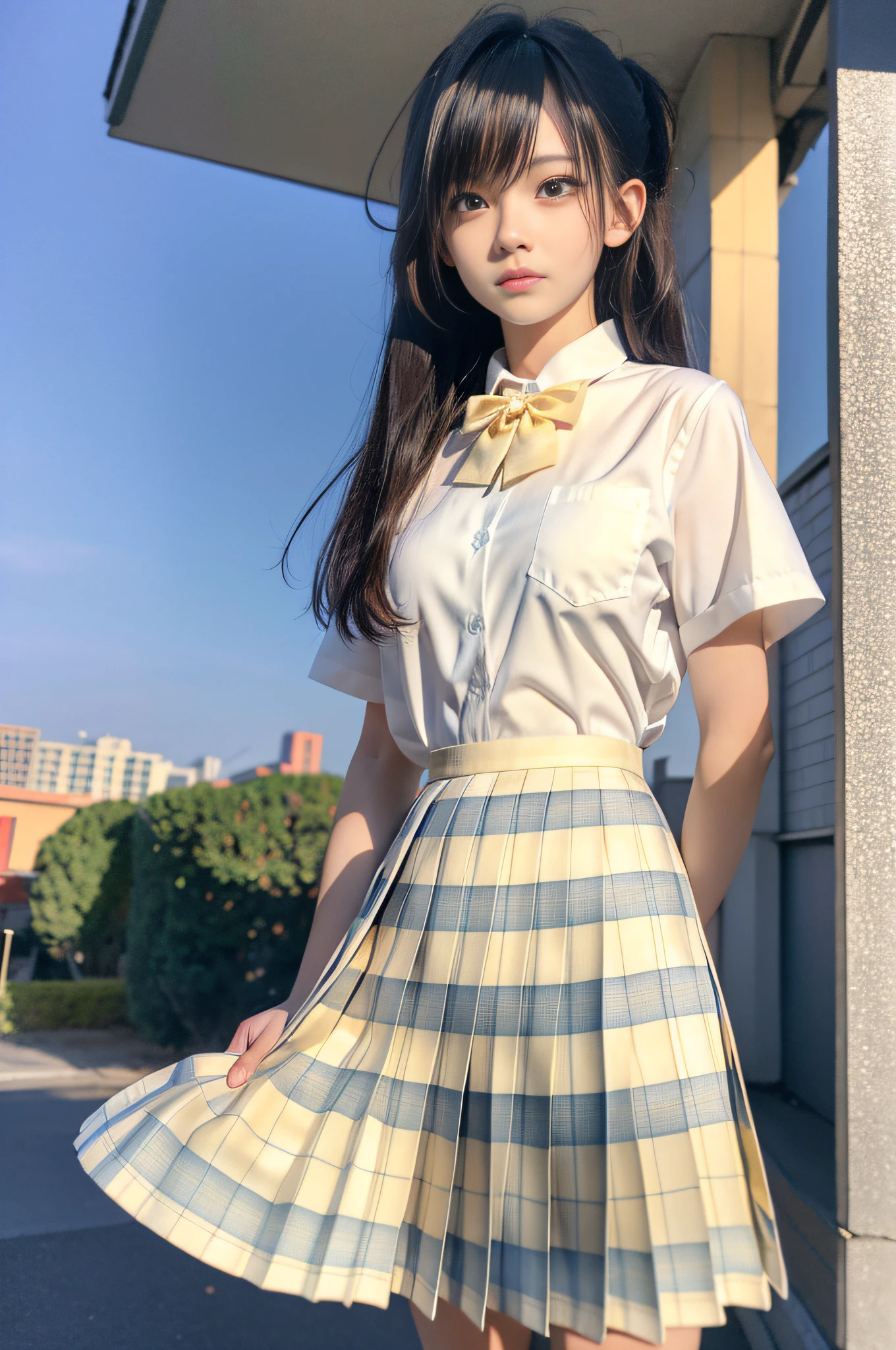 (8K, Best Quality, Masterpiece: 1.2), Realistic, Ultra High Resolution, Intricate Details, 1 Girl, Beautiful Face, JK Suit, White Shirt, Yellow Bow Tie, Yellow Skirt, Plaid Skirt, Pleated Skirt, Upper Body, Standing, Wide Angle Lens, Surreal Schoolgirl, Surreal Schoolgirl, Realistic Anime 3 D Style, Realistic Schoolgirl, Smooth Anime CG Art, 3 D Anime Realistic, Beautiful Anime High School Girls, Sakimichan HDRI, Fantastic school student uniform, realistic anime, realistic young anime girl (8K, best quality, masterpiece: 1.2), realistic, super high resolution, intricate details, 1 girl, beautiful face, JK suit, white shirt, upper body