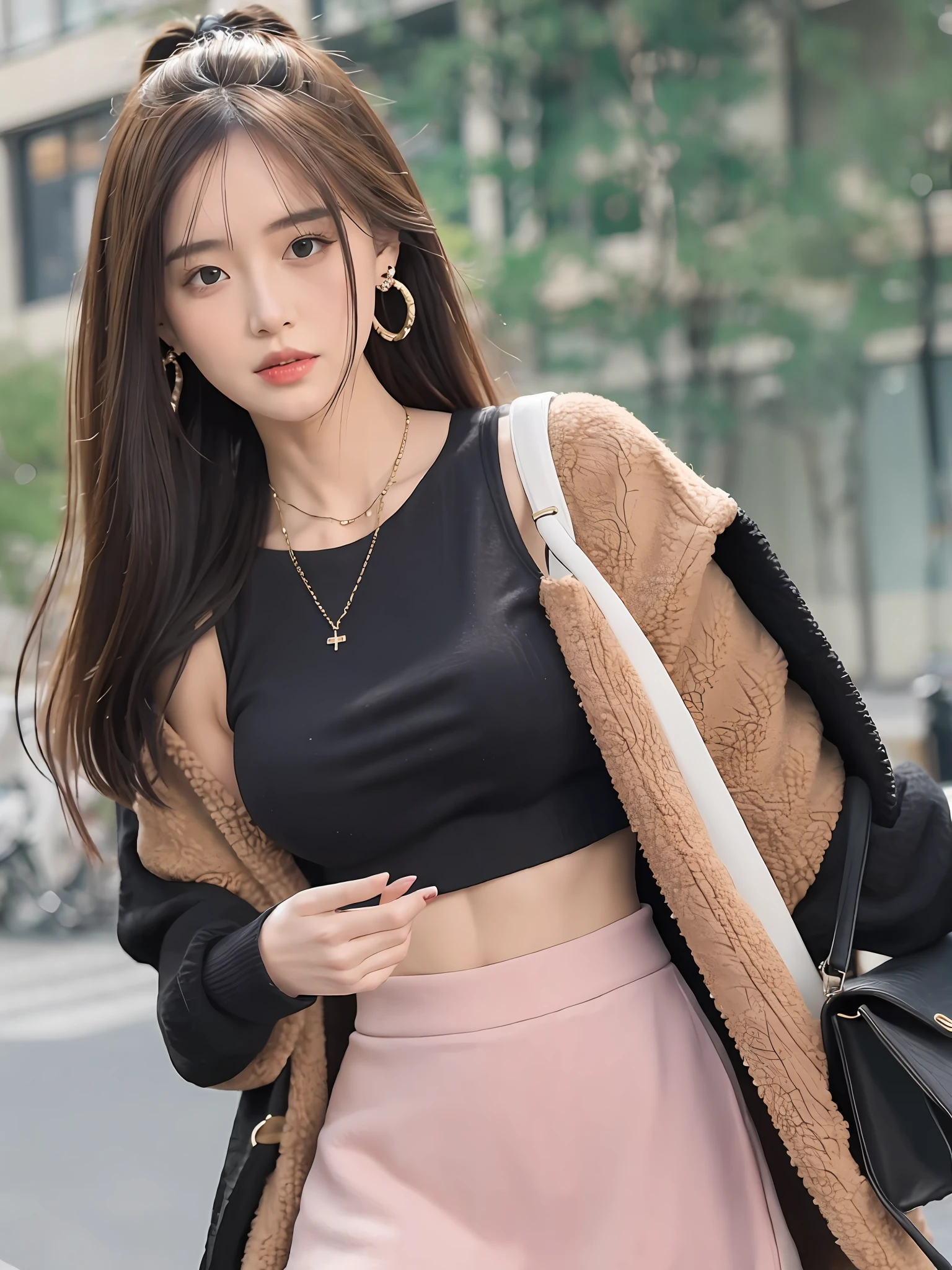 1girl walking on the garden, mix4, solo, tight crop top, (black crop top:1.1), fur trimmed jacket, (brown jacket:1.2), mini skirt, armpit, realistic, necklace, earrings, solo, holding a women bag, handbag,(masterpiece),(photorealistic:1.3), ultra-detailed, (high detailed skin:1.2),(best quality:1.0), (ultra highres:1.0), long hair, blush, (soft glow bloom:0.5)