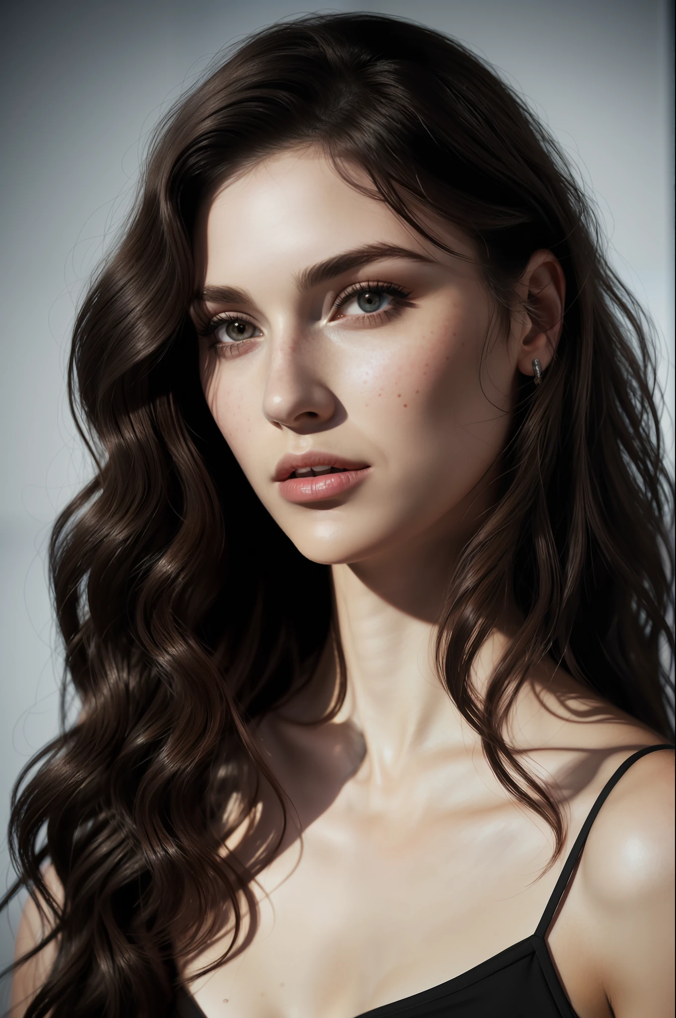 A woman named Meg has sharp angular cheekbones, full lips, and a slightly upturned nose. Her eyes are large brown and almond-shaped with a prominent crease, she has dark brown hair combed in loose waves, framing her face and reaching down to her shoulders, ((she is in a very suggestive pose)), captivating, dark lipstick, dramatic light, freckles, hyper-detailed photorealistic, spot lighting, photorealism, edge light (high contrast) Sharp focus