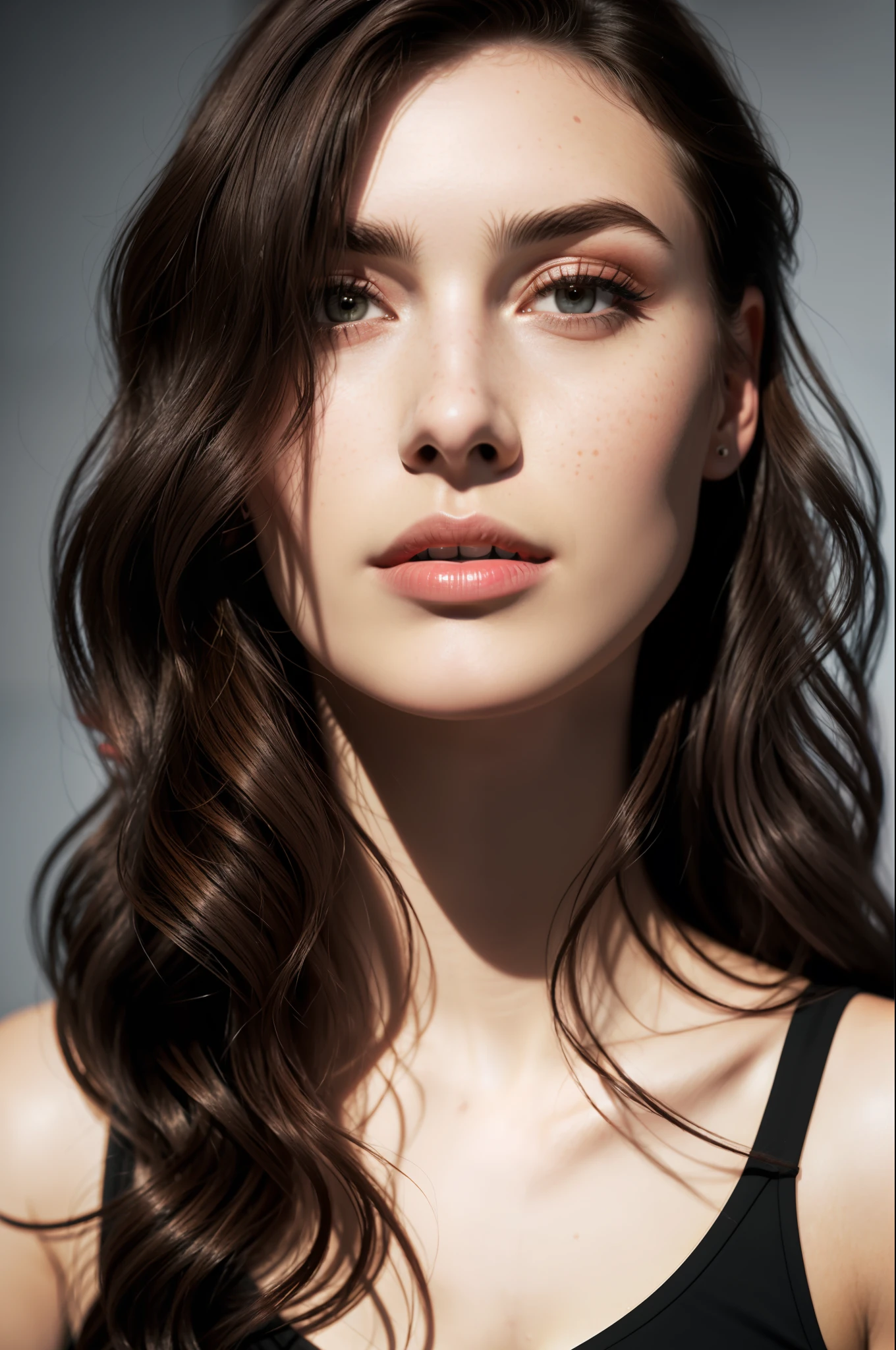 A woman named Meg has sharp angular cheekbones, full lips, and a slightly upturned nose. Her eyes are large brown and almond-shaped with a prominent crease, she has dark brown hair combed in loose waves, framing her face and reaching down to her shoulders, ((she is in a very suggestive pose)), captivating, dark lipstick, dramatic light, freckles, hyper-detailed photorealistic, spot lighting, photorealism, edge light (high contrast) Sharp focus