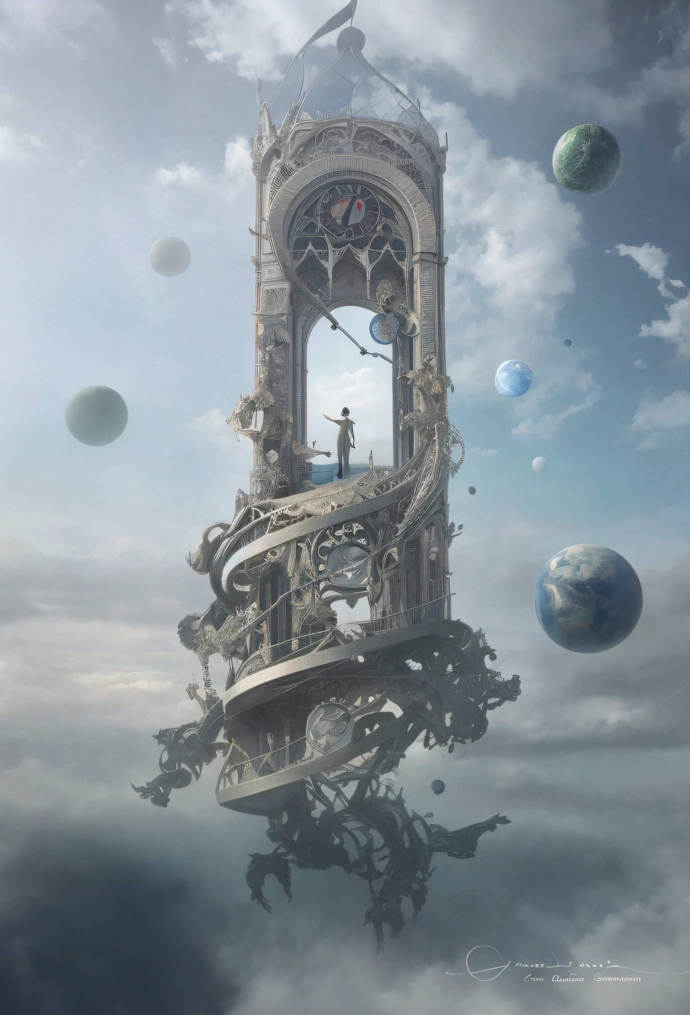 There is a clock tower in the sky with many different objects, surrealist concept art, intricate epic compositions, fantasy surrealism, extravagant matte paintings, highly detailed surreal visual effects, surreal + highly detailed, surreal 3D rendering, fantastic surrealism, surrealist matte paintings, fantasy architecture, exquisite matte paintings, surrealist digital artworks, complex matte paintings, surrealist designs, surrealist 8k planet magnification, Twenty changed to one