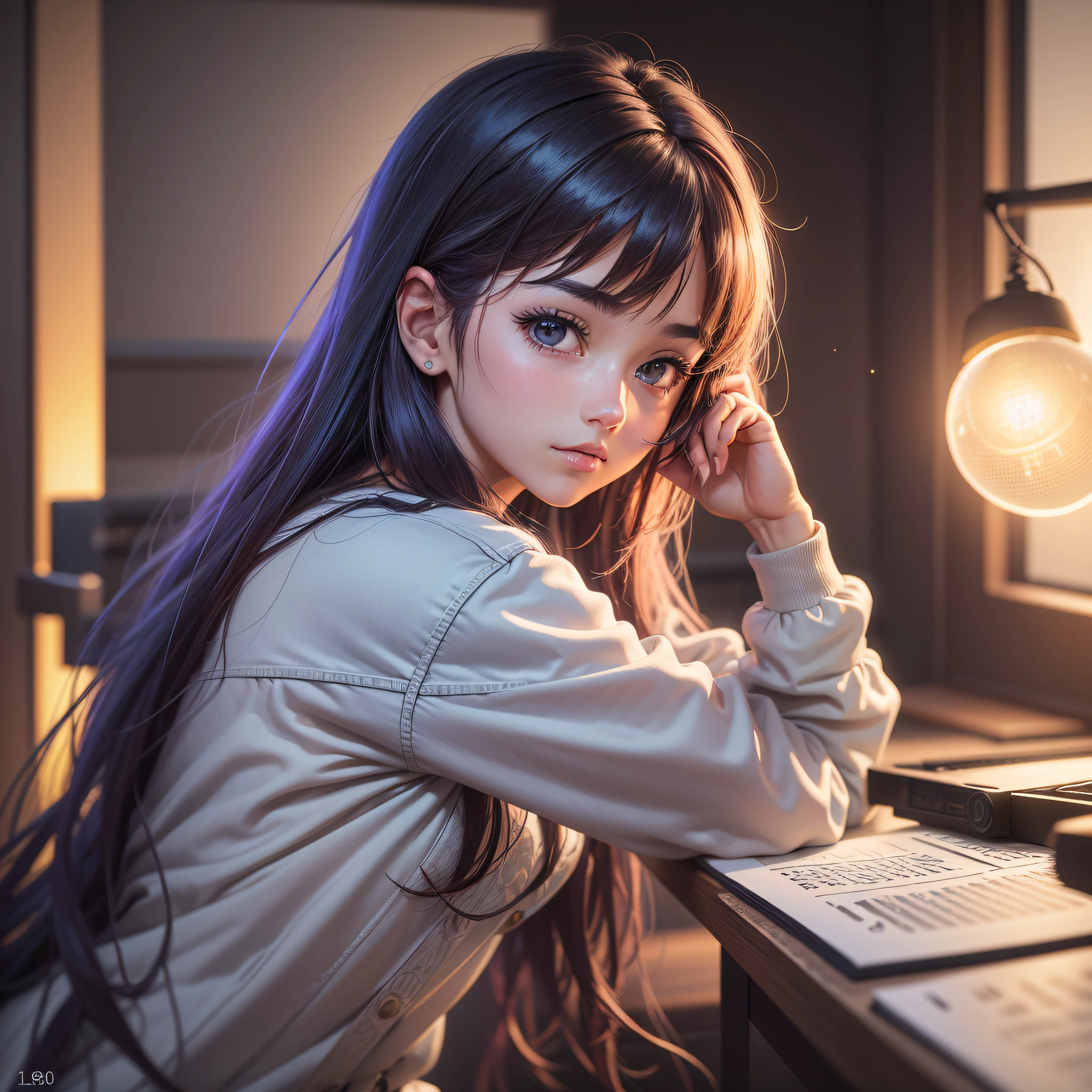 (1080p, RAW photo, best quality, resolution 98 x 98 pixels), (anime style, photorealistic: 1.37), 1 Latin girl, cute appearance, inside the room, 80s, Brazil vibe, night, professional lighting, photon mapping, cool color palette, concentrated studying, nostalgic feeling, tranquility, relaxing --auto --s2