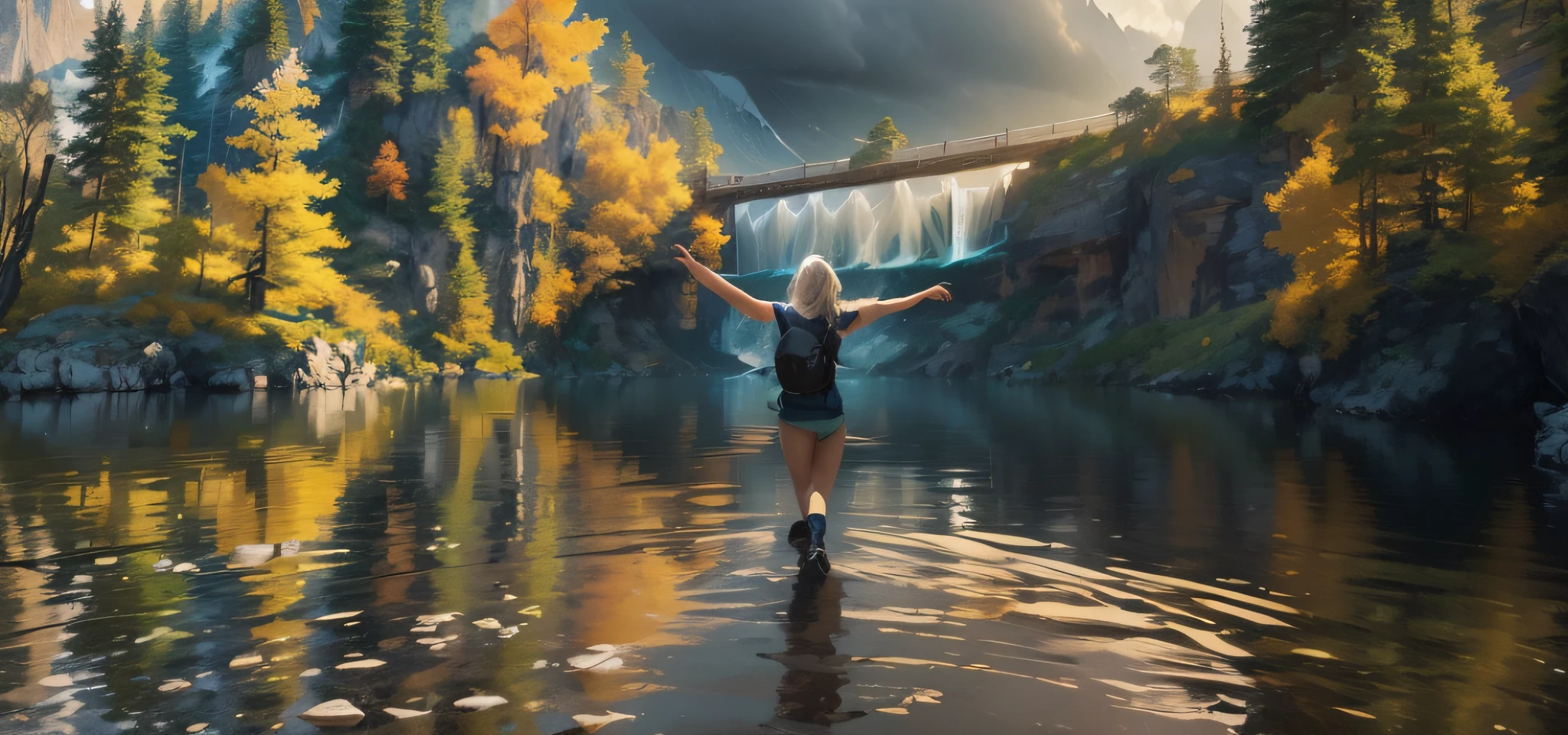 ((masterpiece)), best quality, ultra-detailed, a breathtaking landscape in an epic and imaginative nature, dynamic perspective, dynamic composition, stormy sky, dramatic lighting, majestic mountains, mighty waterfalls, crystal clear river, peaceful forests, shimmering lakes. --auto --s2