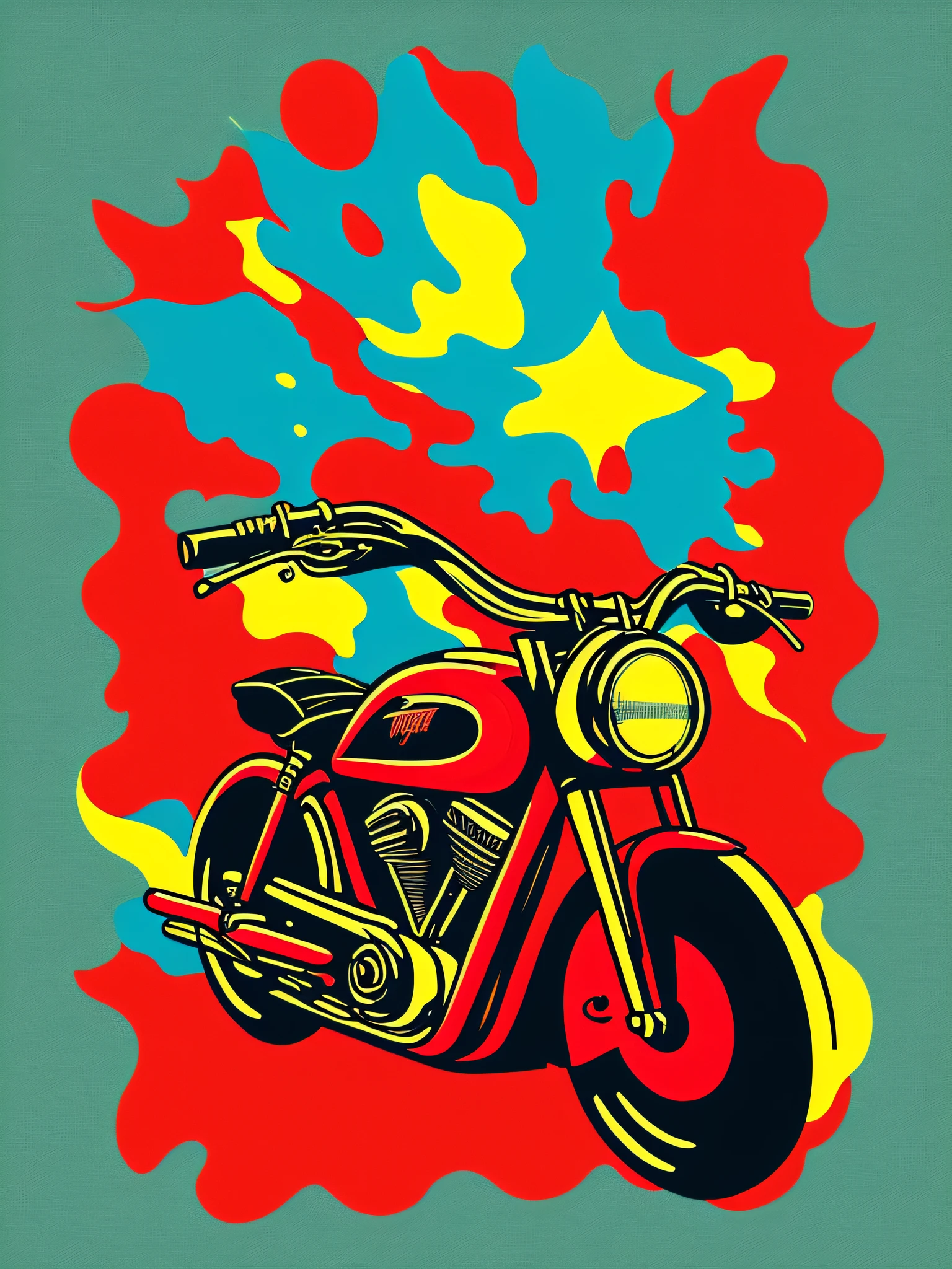 A t-shirt design featuring a bold and eye-catching pop art-inspired illustration of a retro-style motorcycle, reminiscent of the iconic works of Andy Warhol or the comic book-inspired imagery of Roy Lichtenstein.