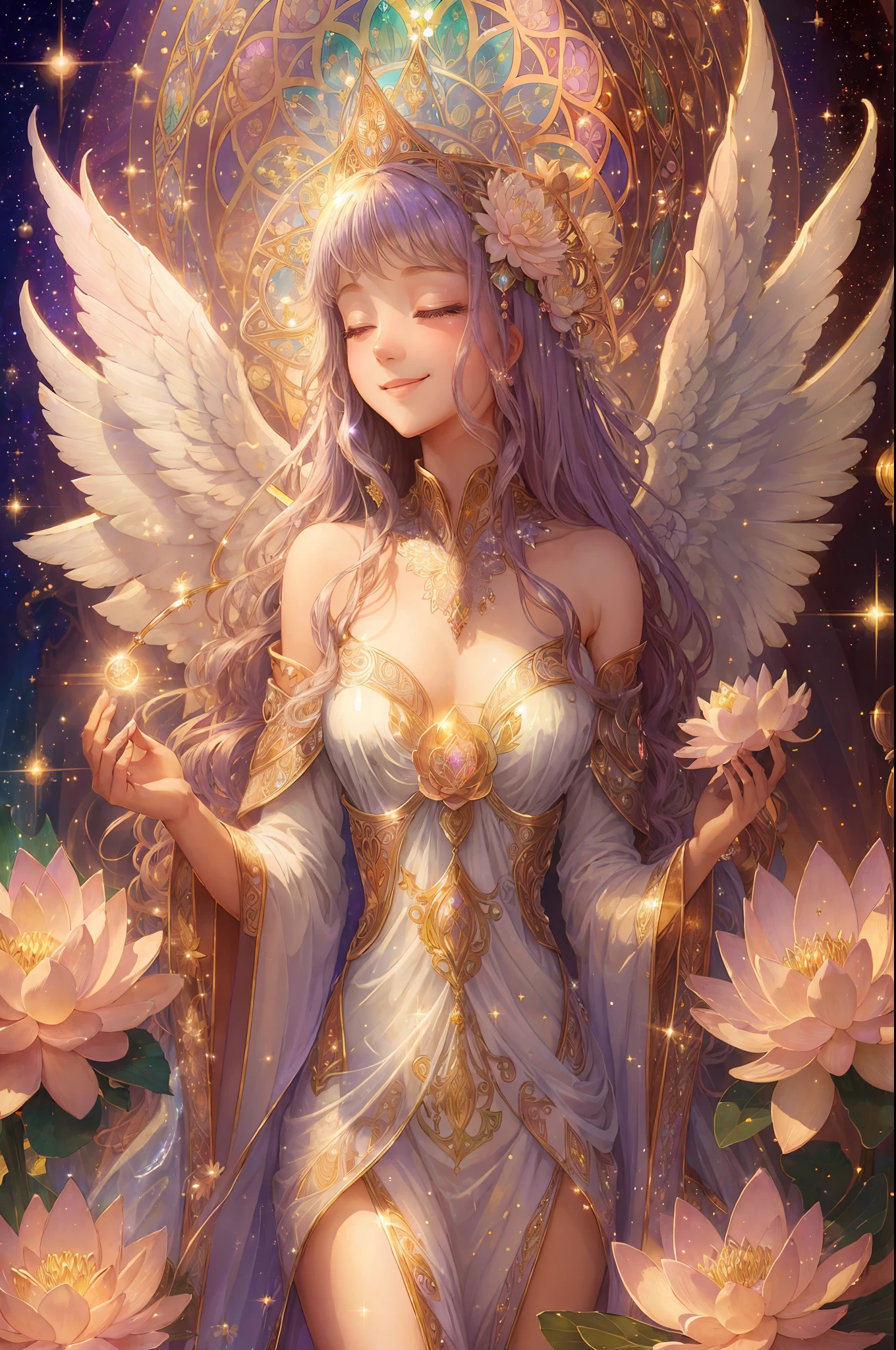 with angel, glitter, bright smile, light, goddess, heaven, human beauty, Mucha, happiness, high image quality, shine, flower, crystal, lassen, medieval, halo, long dress, prayer, lotus flower --auto --s2