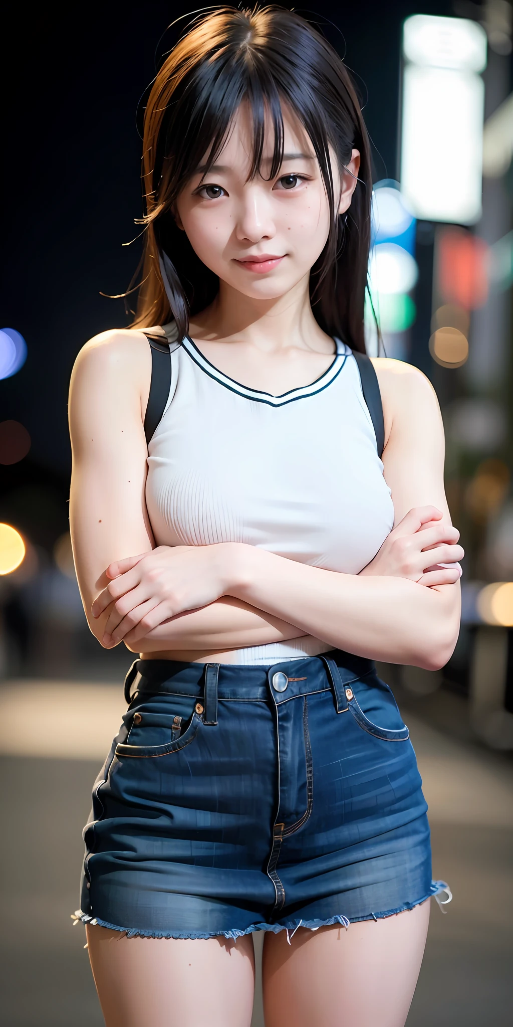 1girl, Tokyo street,night, cityscape,city lights,upper body,close-up,smile,, (8k, RAW photo, best quality, masterpiece:1.2),(realistic, photo-realistic:1.37),