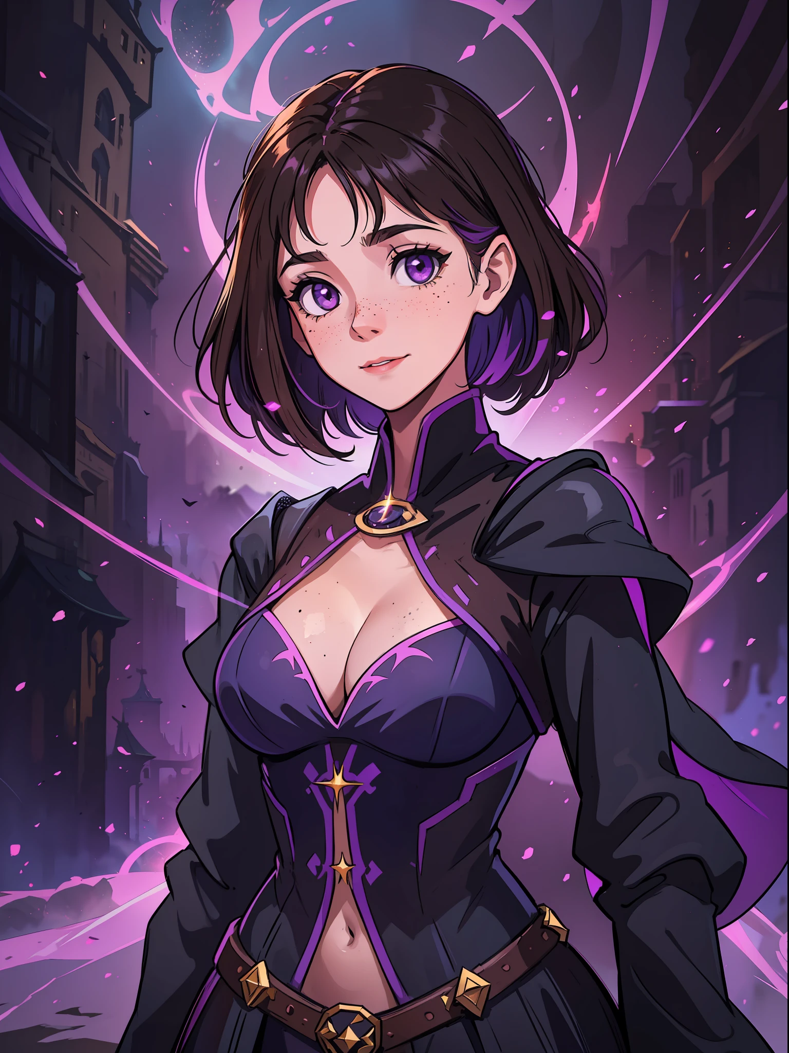 a young age woman with dark brown hair and purple purple eyes she has some freckles and a determined look a sweet smile on her face she is a sorceress a magician wearing powerful magic robes for a medieval RPG, the background filled with magic and magical lights contour lights and cinematic lights in a fortress in the mountains, She is conjuring magic magical power, this woman must be in a city surrounded by volcanoes a dark medieval city with black colors and magma through the streets like a city in the underworld of Hades, she has small breasts