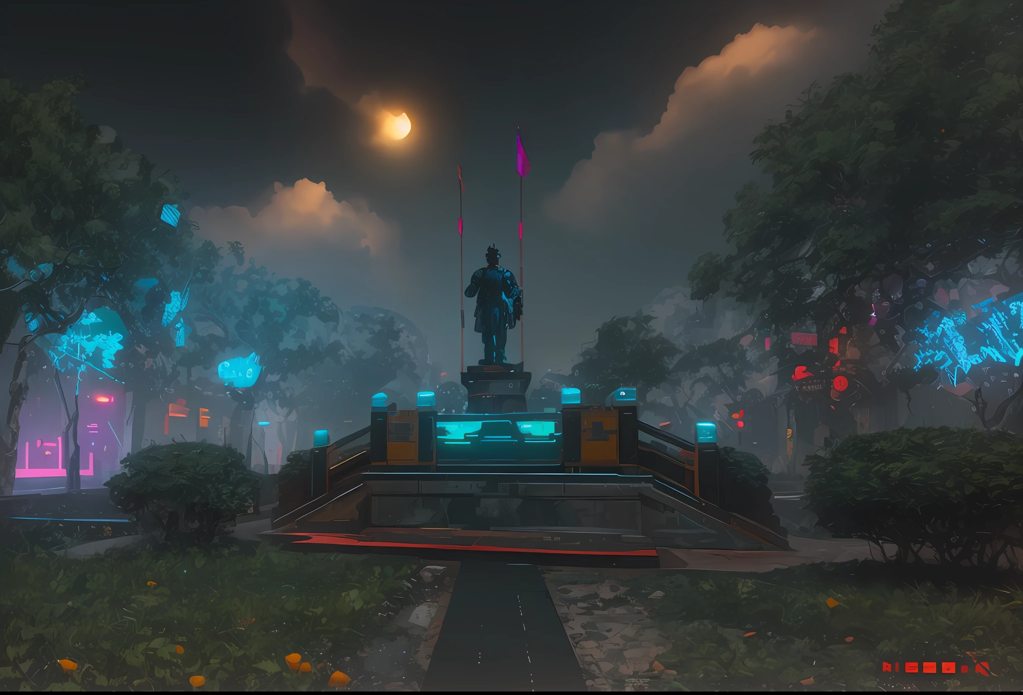 Science fiction cyberpunk,, prosthetic robot hero statue, Ming Chen God, Kim Yiwei, wide lens, wide angle lens, tianzi, street view, photo display large, wide vista, masterpiece, best quality, high design, surreal, high tech low life, neon, game CG, psychedelic, cyberpunk 2077, night, realistic style, Hong Kong
