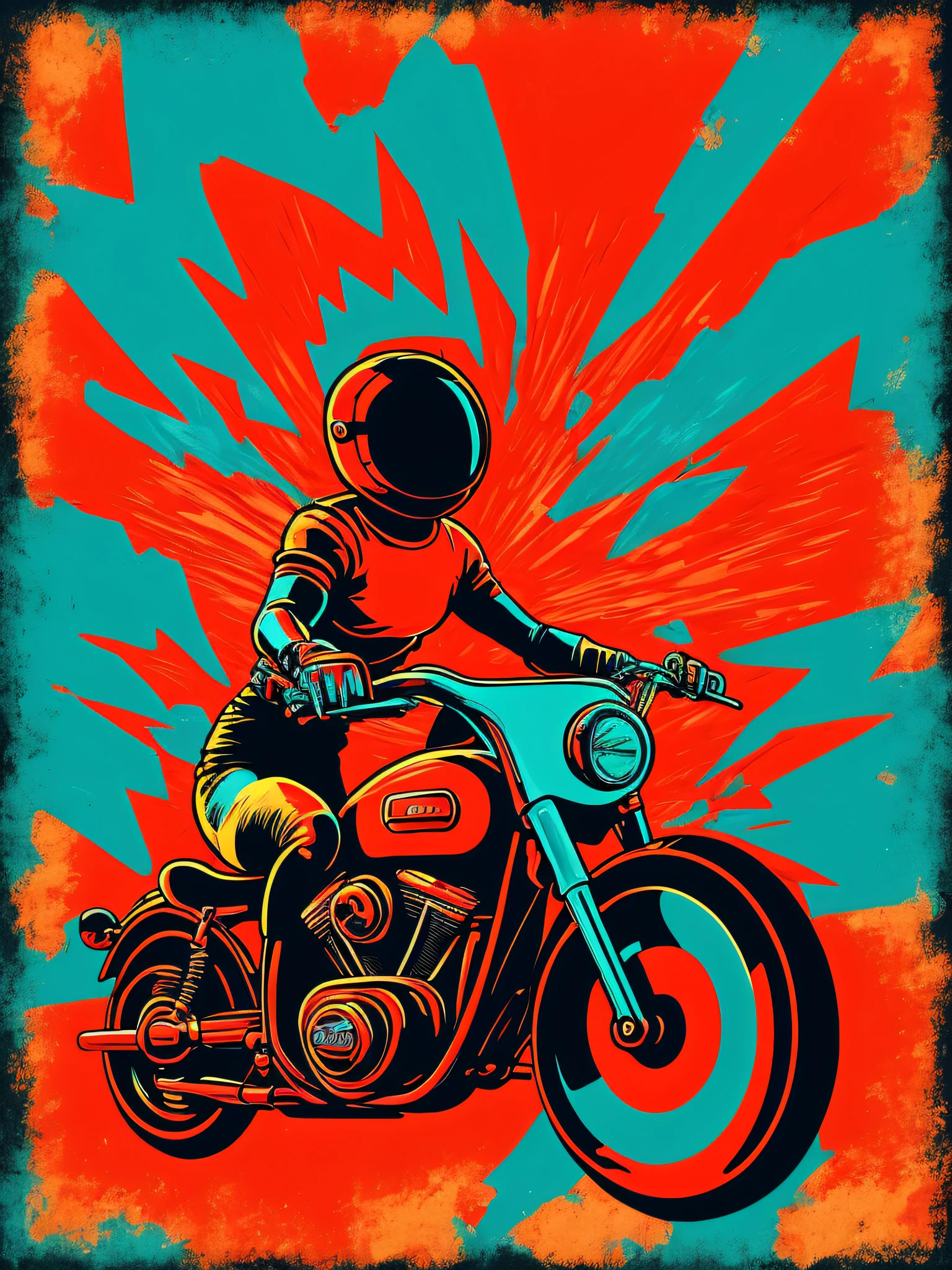 A t-shirt design featuring a bold and eye-catching pop art-inspired illustration of a retro-style motorcycle, reminiscent of the iconic works of Andy Warhol or the comic book-inspired imagery of Roy Lichtenstein.