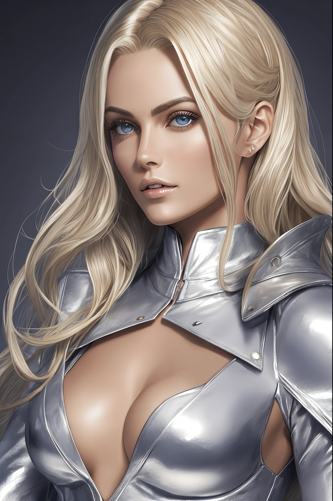 Beautiful woman with blond hair and very long. Dressed in a silver leather suit. (very large chest?). Photorealistic, 8k, detailed face, high quality --auto --s2
