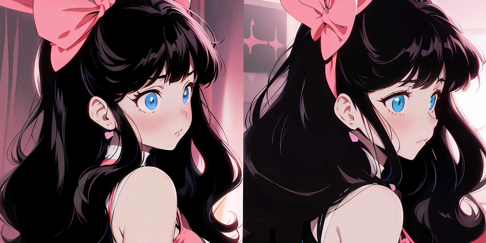 Skinny anime girl with long blonde hair and black bow in front of the mirror, long hair Ilya Kuvshinov, lazy and clip style, Ilya Kuvshinov style, anime art style, beautiful anime art style, anime moe art style, flat anime style shadow, 8 0 seconds anime art style, anime aesthetics