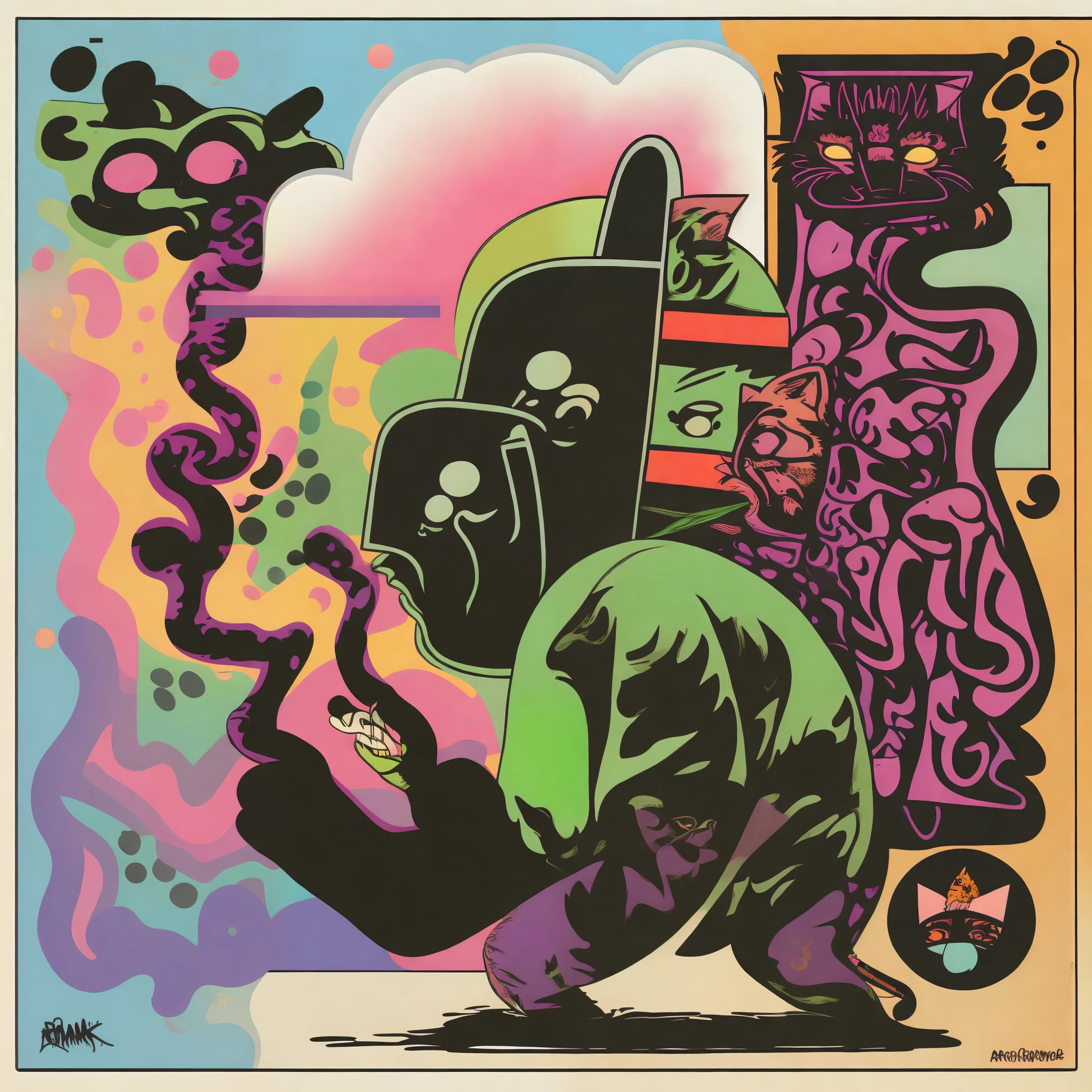 a drawing of a antropomorphic cat, smoking, with a joint in his hand, ((graffiti in the background))