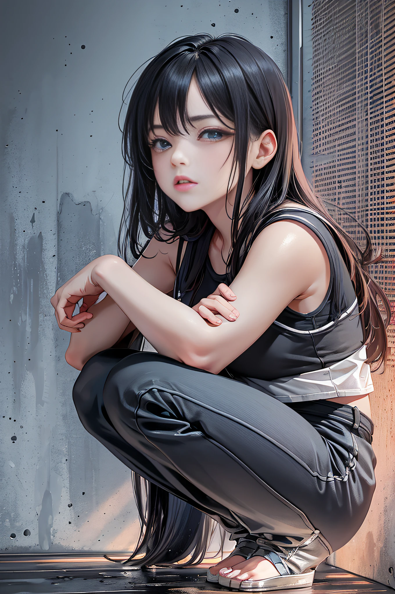 Squatting girl, lying on her arm, solid background, pain, loneliness,