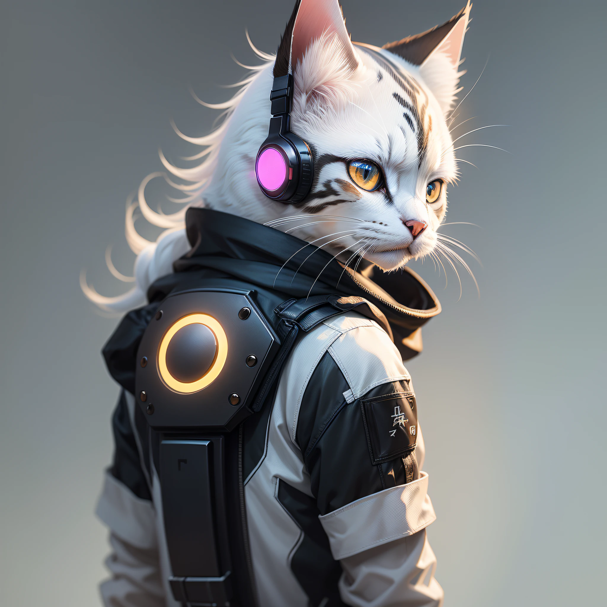 "realistic, minimalist portrayal of a cat-shaped artificial intelligence." 可以优化为: "Realistic and minimalist painting of a cat-shaped AI, highlighting the cyber punk background, furry skin, and stilted eyes."