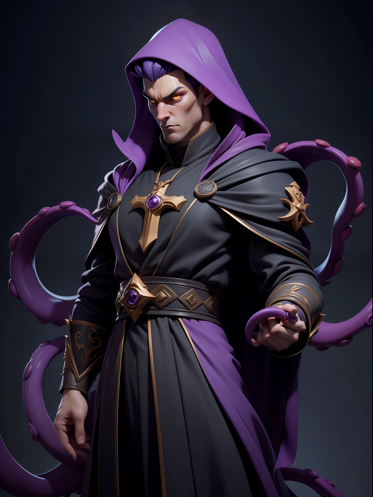 the embodiment of lust in the form of a priest, a guy, a sharp chin, cheekbones, manhwa style, yellow eyes, a cassock, a cross around his neck, ((tentacles come out from under his clothes)).medium purple hair, ((priest's vestments with tentacles)), warm moonlight, temple, standing in a temple, rich temple, detailed art, cartoon, fantasy, hyperdetailed, artStation, CGsociety, 8K, surrealist, Zbrush, Unreal Engine 5, Bright colors, Greg Rutkowski, Darksynth, Weta Digital, Focus, Octane rendering, Super sharp, Cinematic light, High quality, High resolution, Style Smooth color Manga Hayao, Photorealistic, High Detail, 8K, trendy artstation, octane rendering, cinematic lighting, 3D rendering, Vray Caustics, volumetric lighting, dark atmosphere, gloomy colors, sense of awe, concept art, Unreal Engine 5 rendering, cinematic center shot, hyper-realistic, ultra-detailed;